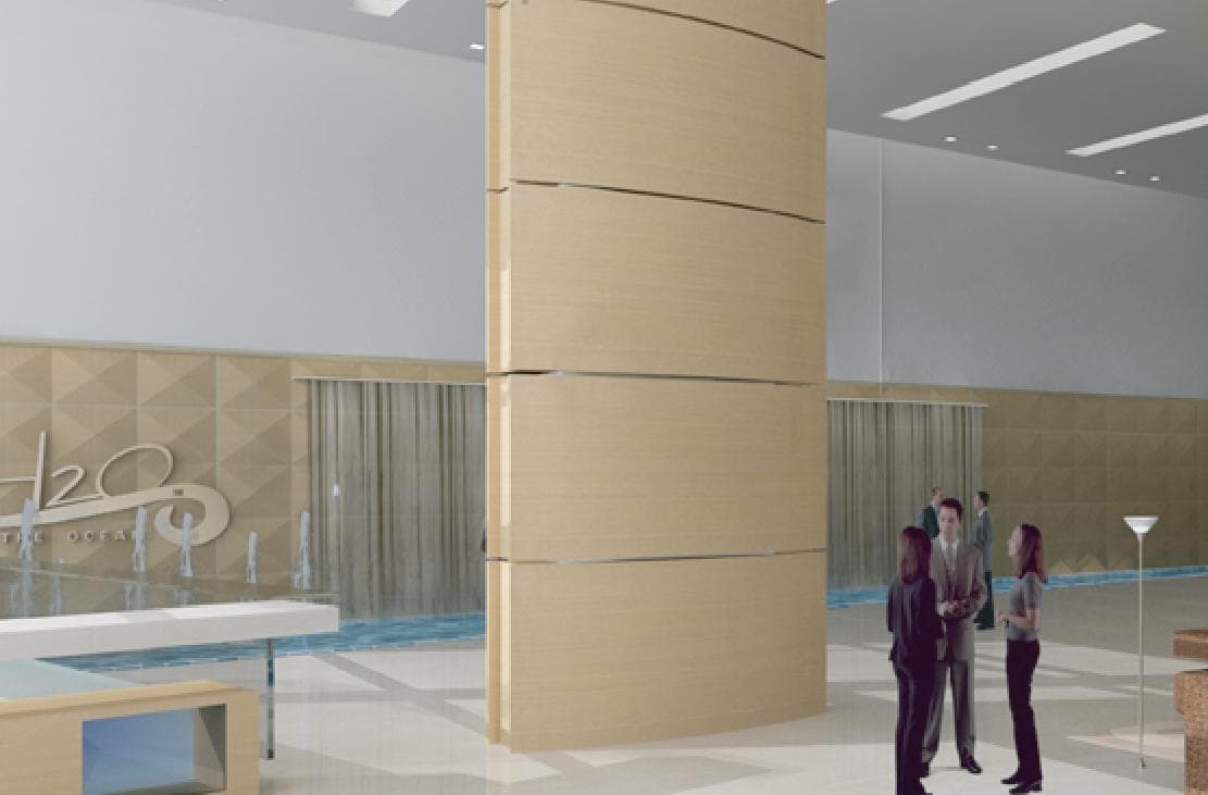Rendering of the H2O lobby with its curved wood-clad column