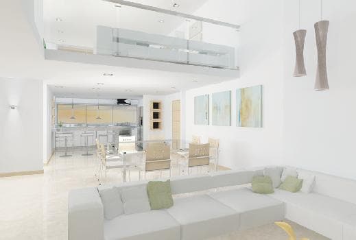 Rendering of a duplex living area with mezzanine in an H2O apartment