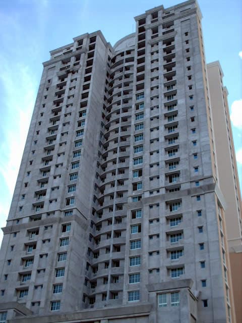 Costa Pacifica towers seen from below against a blue sky, Punta Pacifica