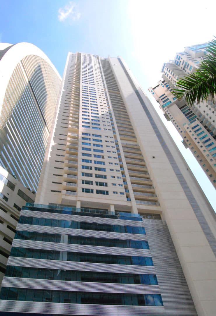 Oasis on the Bay residential tower seen from street level beside the Trump Ocean Club, Punta Pacifica, Panama City