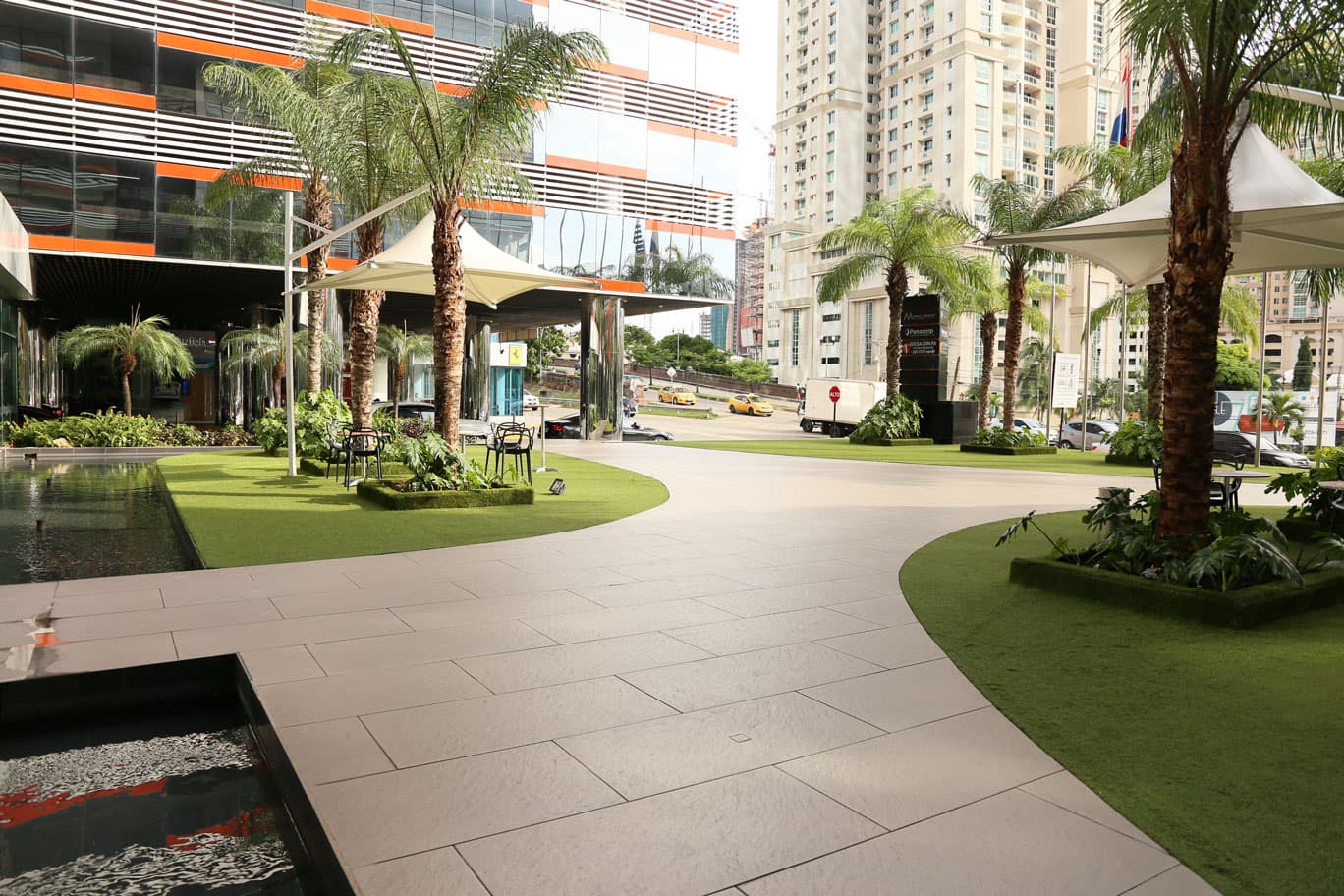 Oceania Business Plaza entrance courtyard and reflecting pool