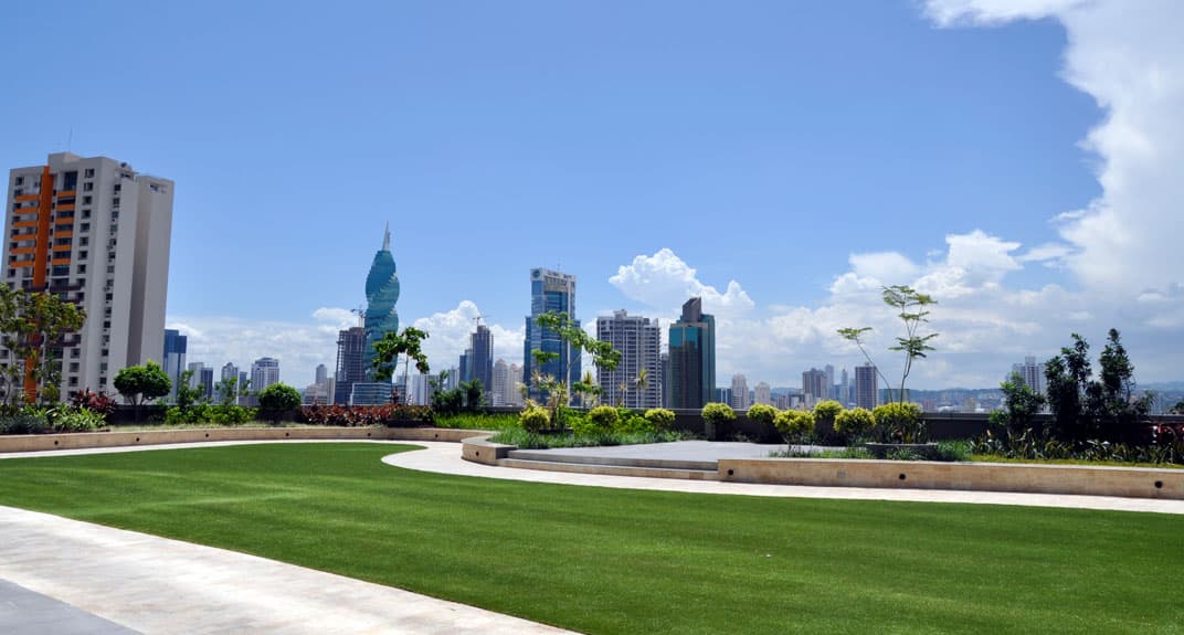 Oceania Business Plaza rooftop lawn terrace with Panama City skyline views