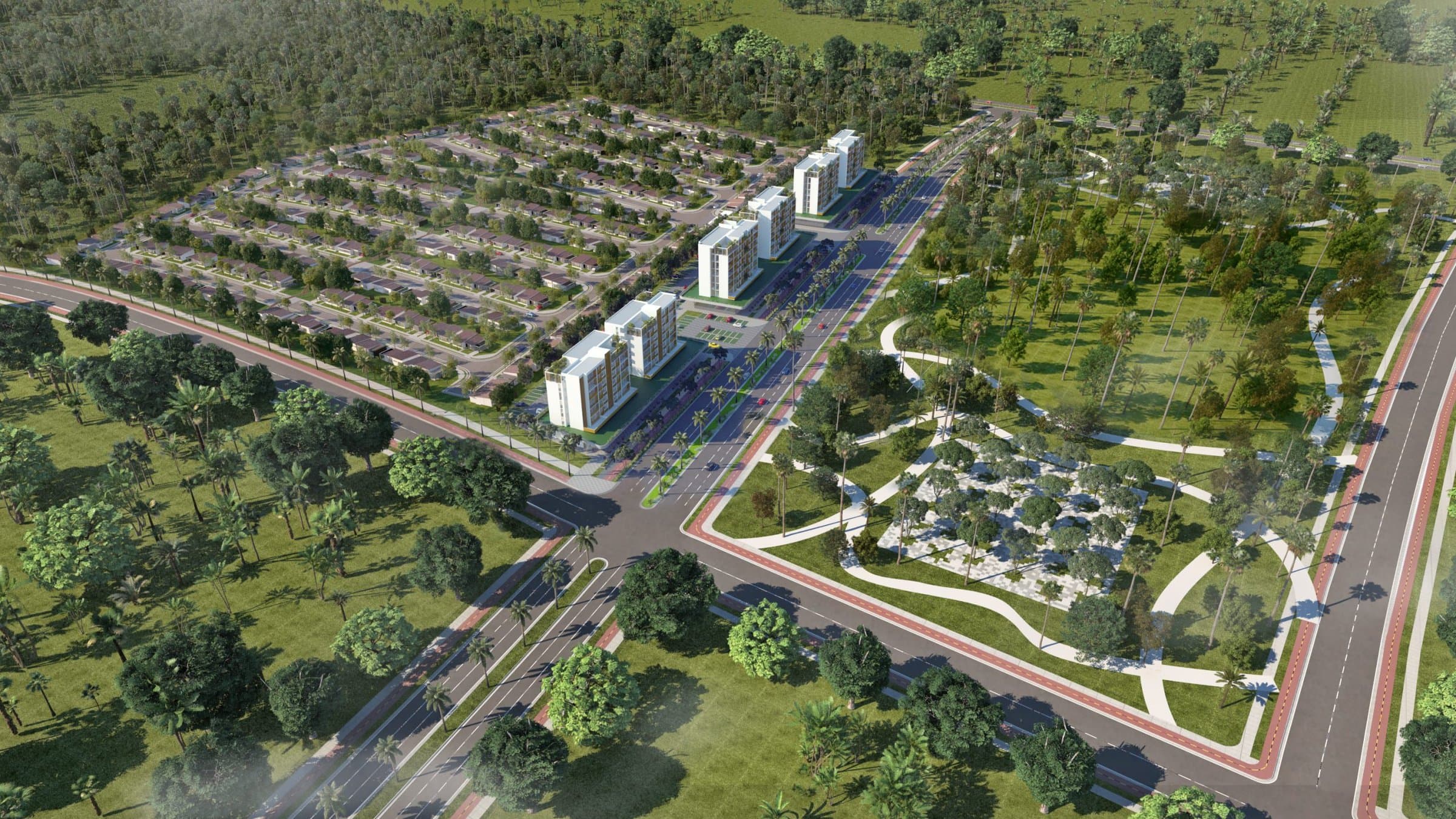 Aerial rendering of the Santa Mónica master-planned community in Coclé