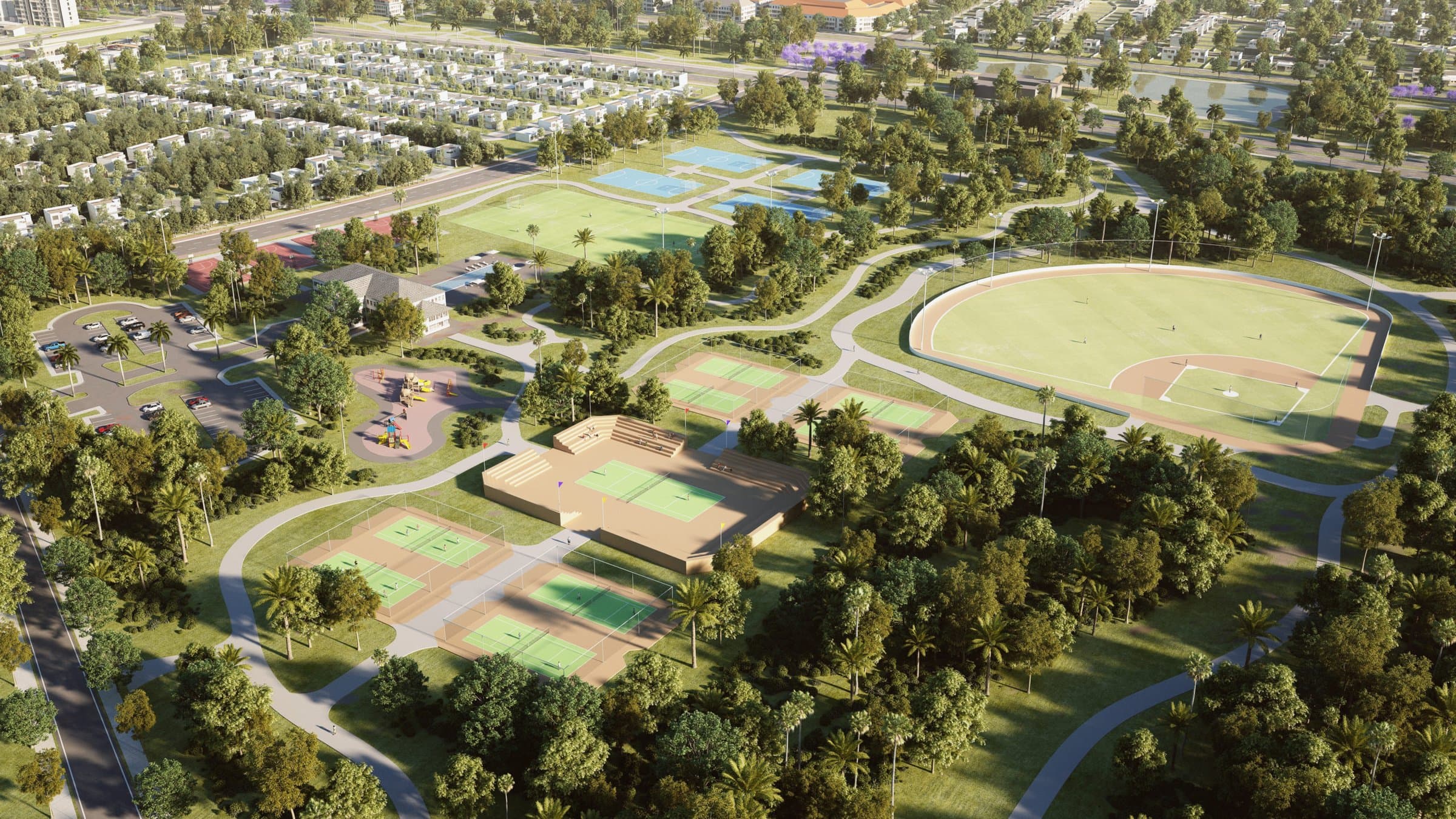 Aerial rendering of Santa Mónica's Central Park with sports fields