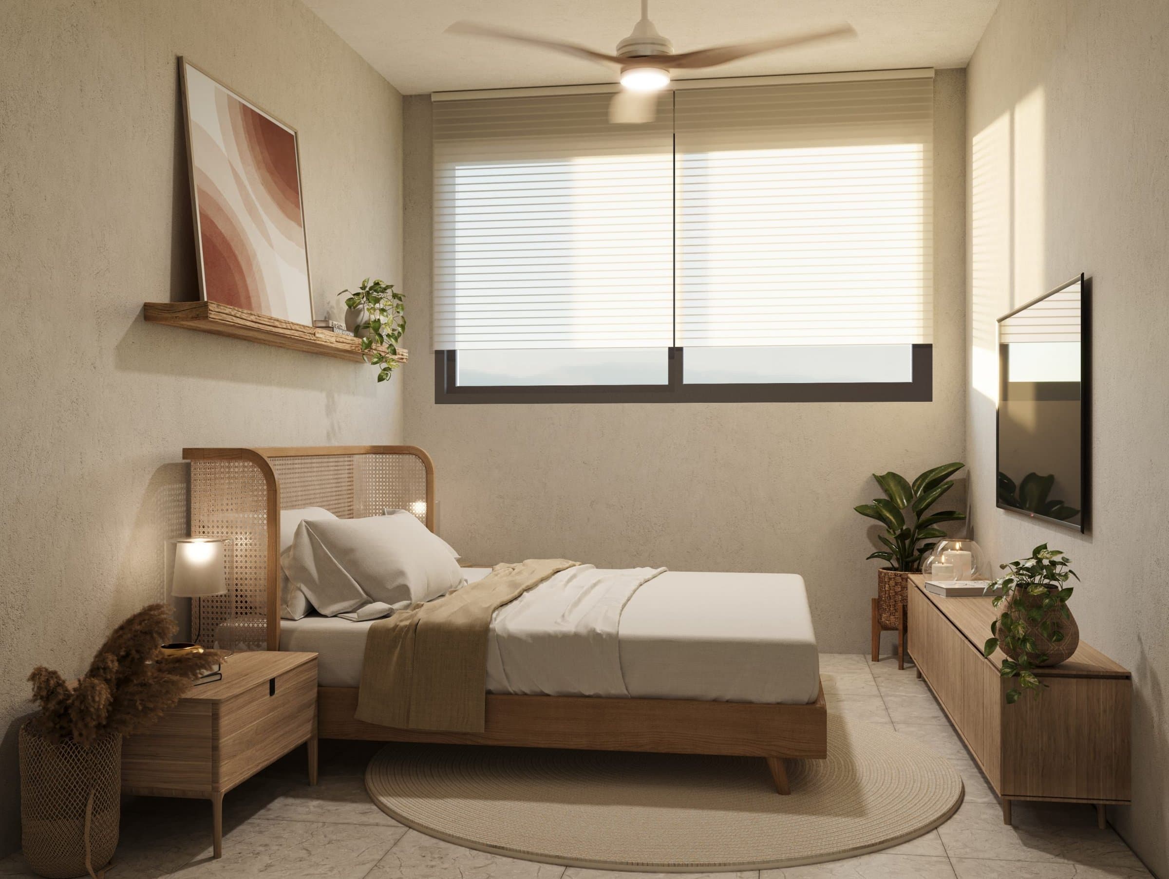 Bedroom with ceiling fan in a Santa Mónica home