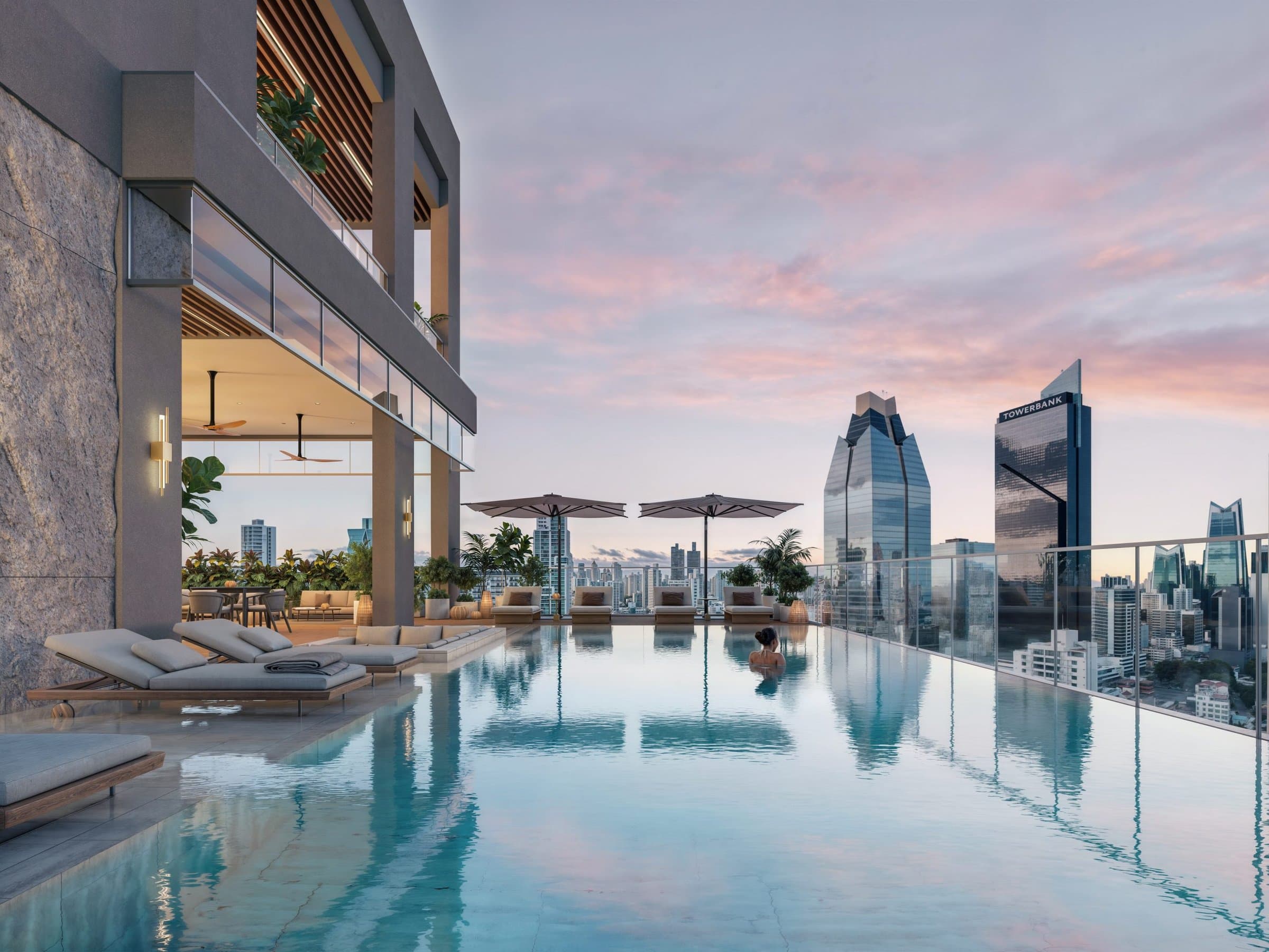 Rooftop infinity pool at Seaside overlooking the Panama City skyline at sunset