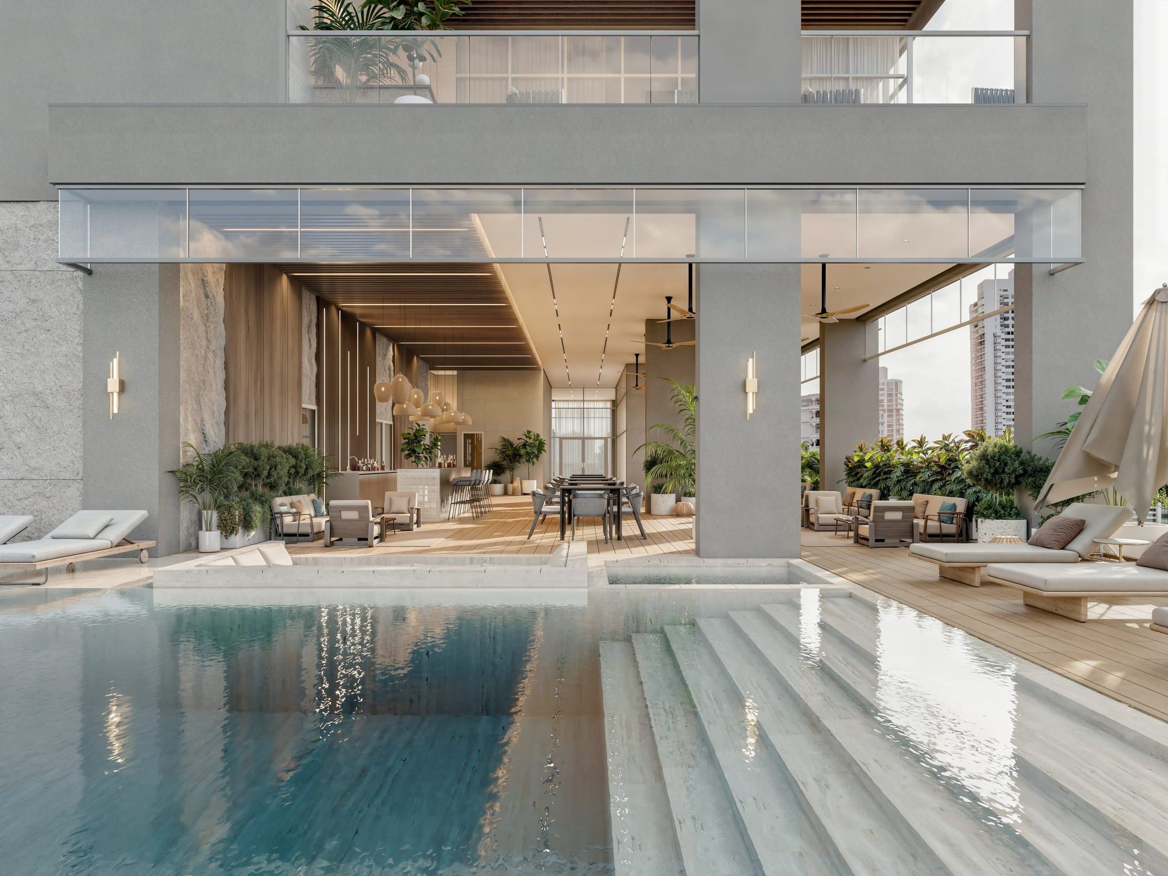 Pool deck and covered lounge at the Seaside Urban Club