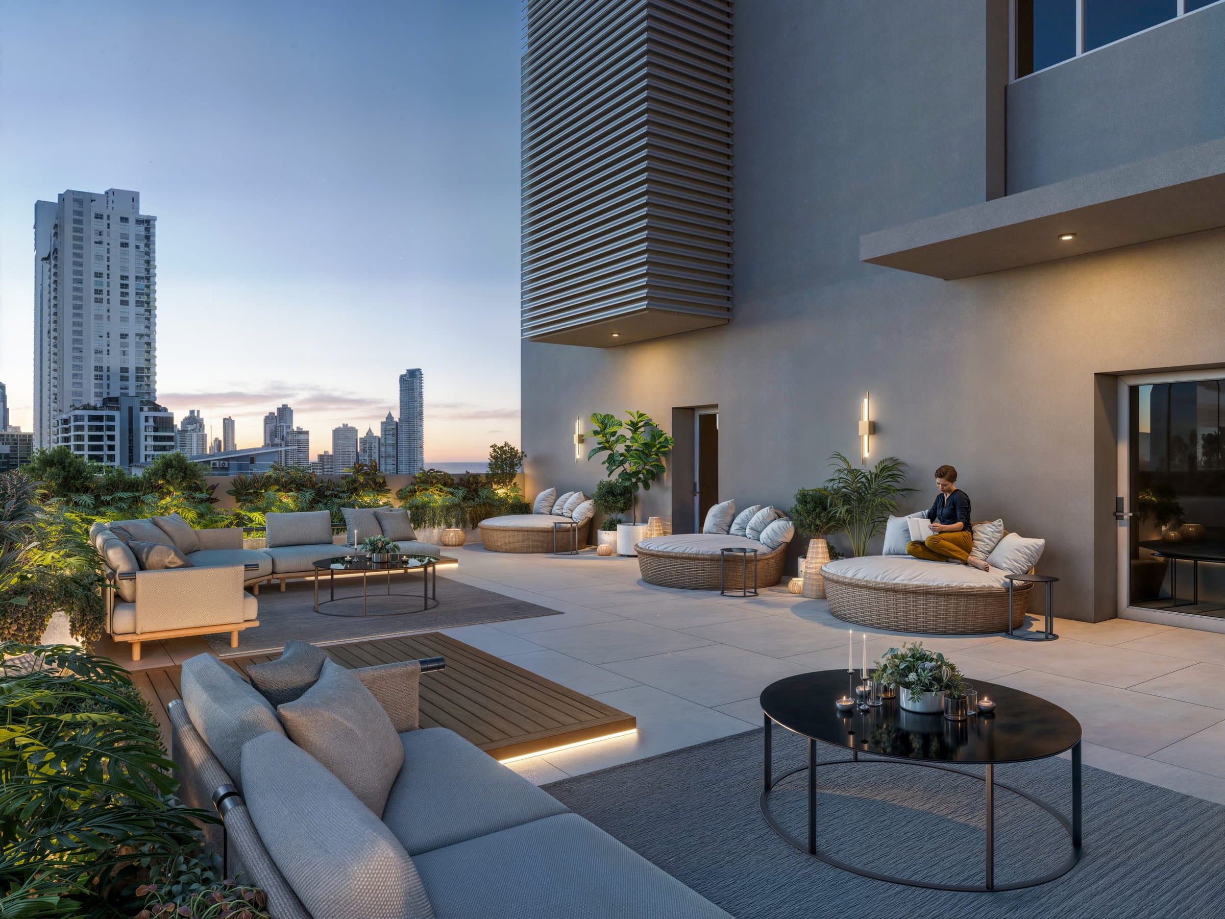 Landscaped urban terrace with lounge seating at Seaside