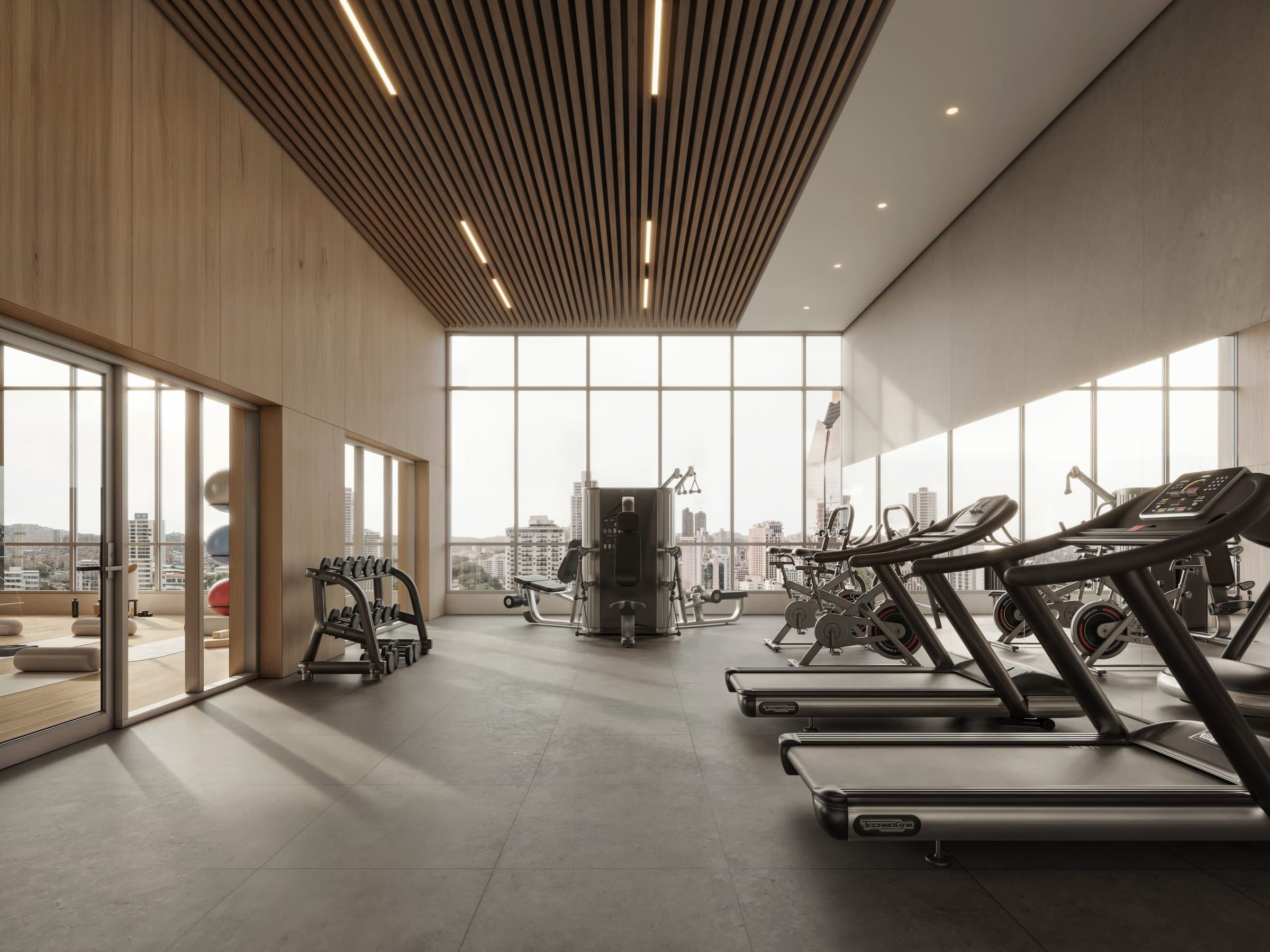 Fitness center with city views at Seaside