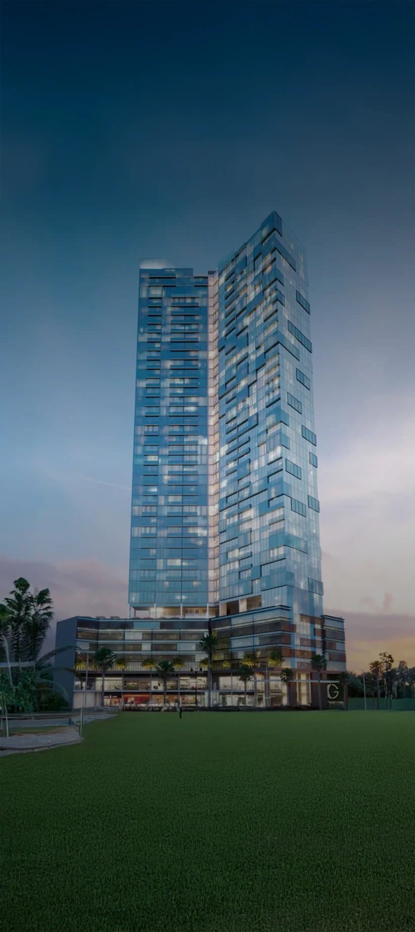 Generation Tower glass high-rise in Costa del Este at dusk