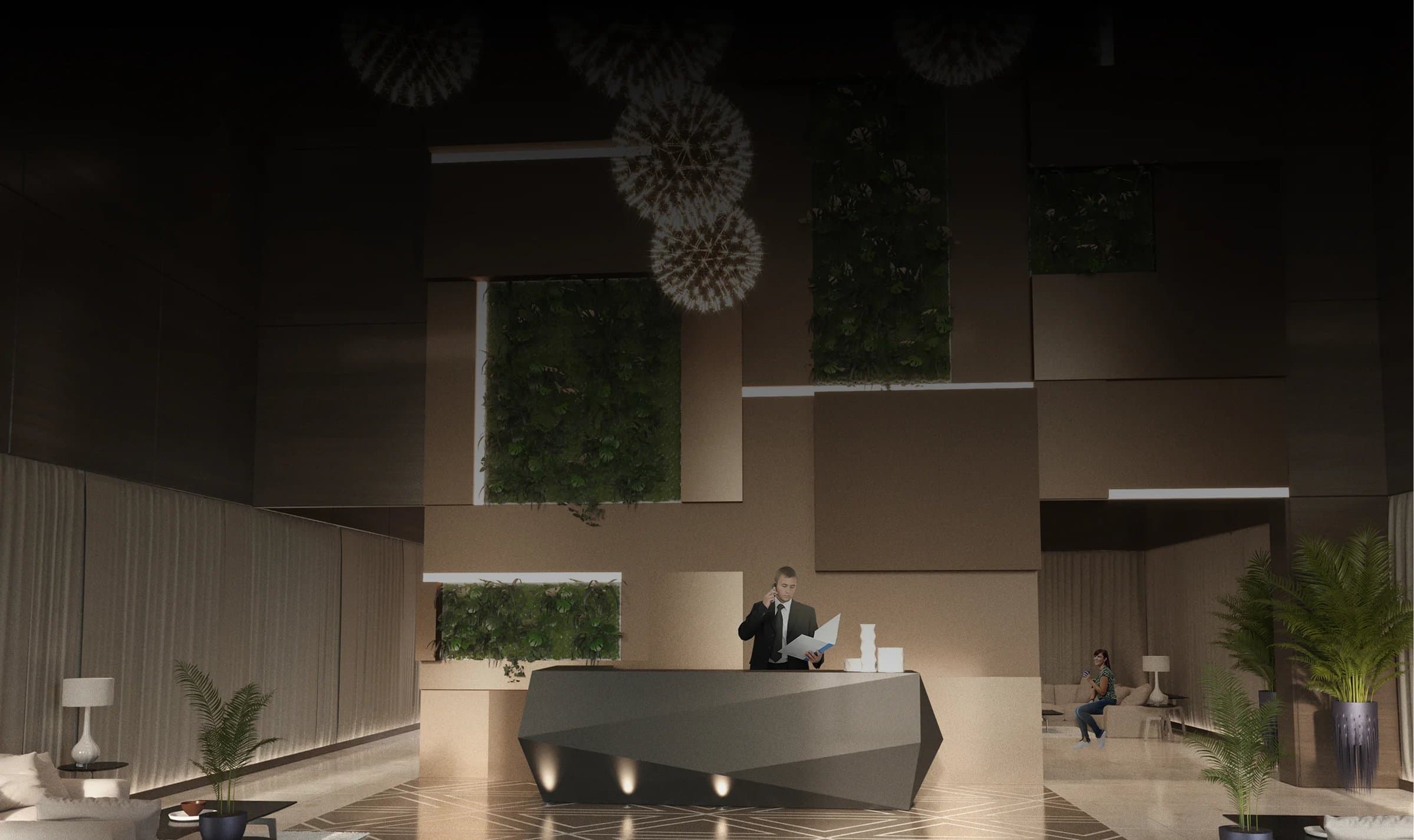 Double-height lobby and reception desk of Generation Tower