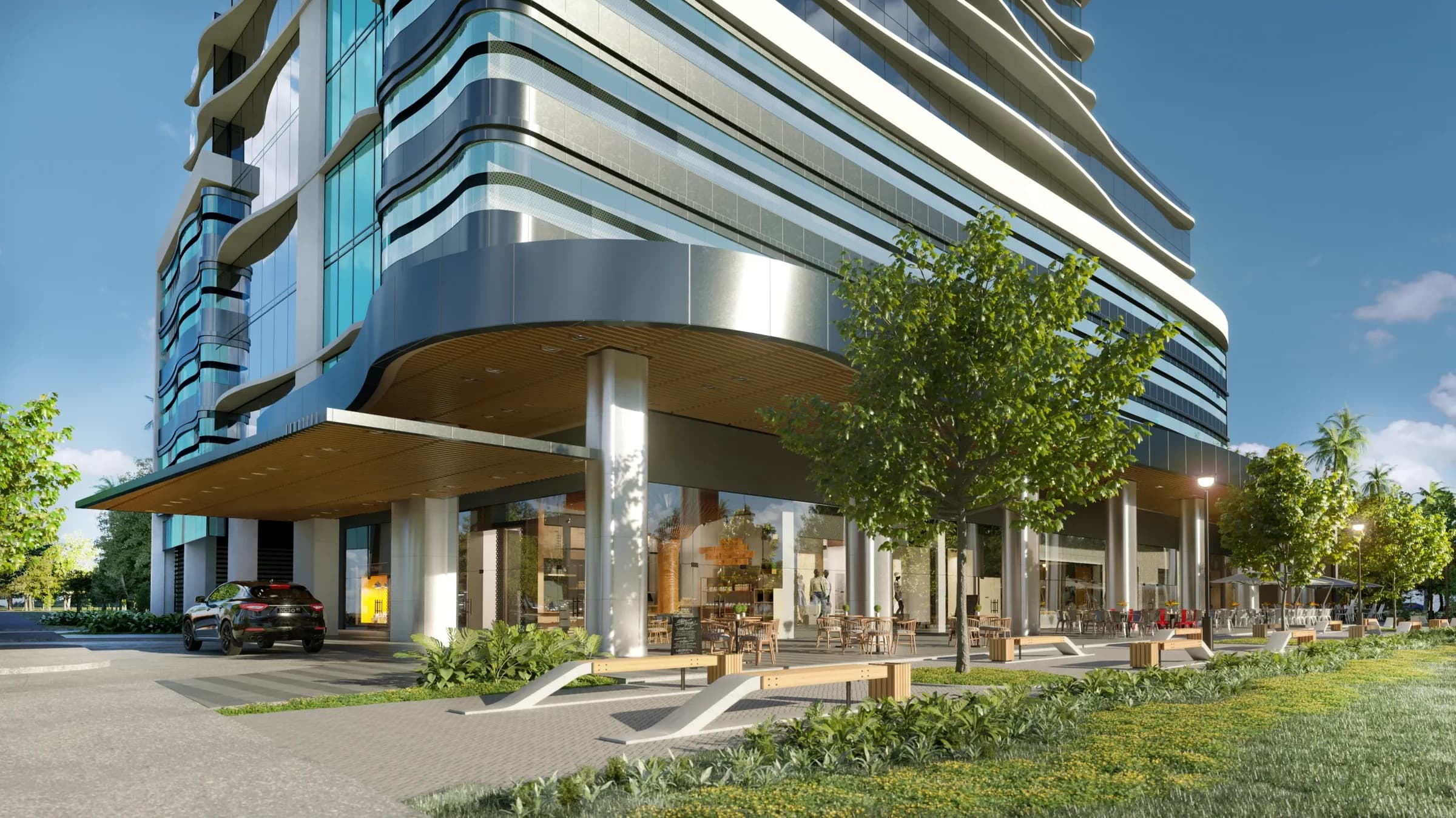 Arcadia del Este tower facade and entrance canopy in Costa del Este