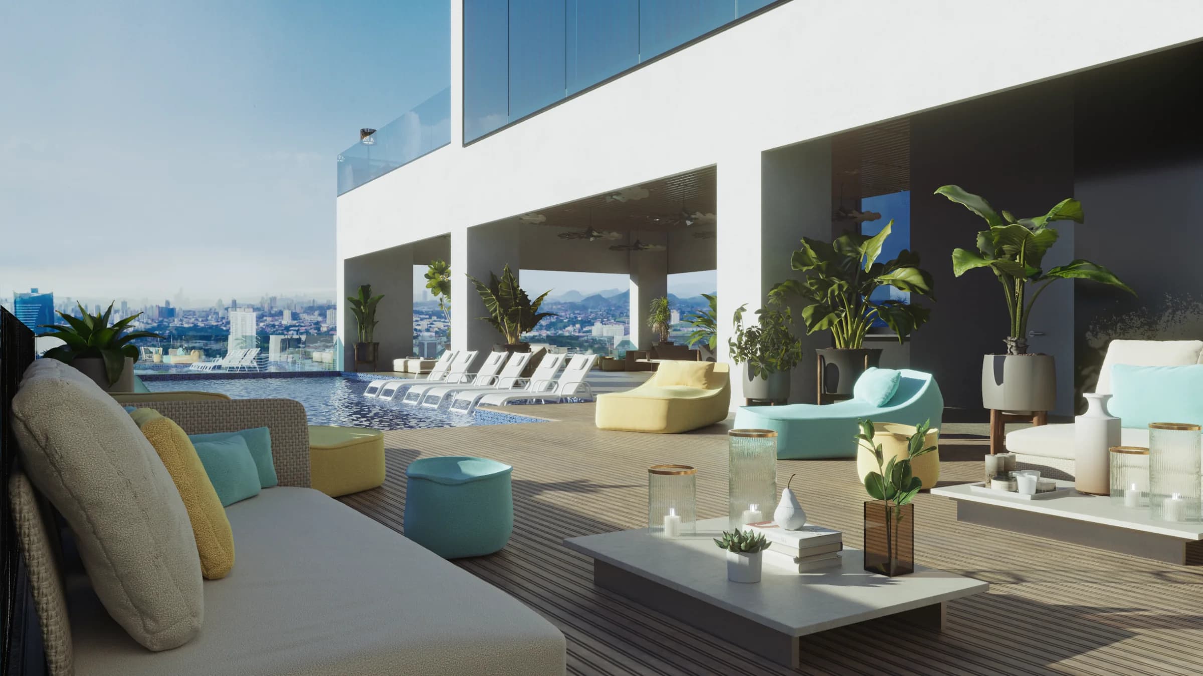 Pool terrace with lounge seating at Arcadia del Este
