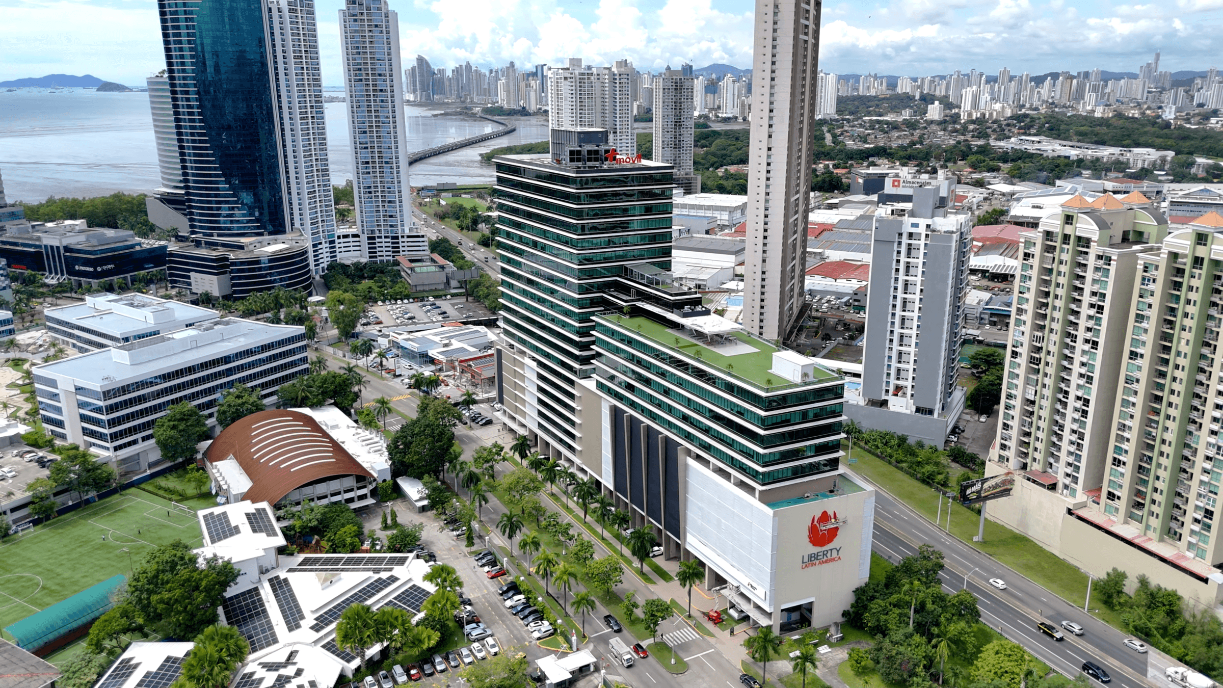 Aerial view of Plaza del Este with the Costa del Este skyline and the bay