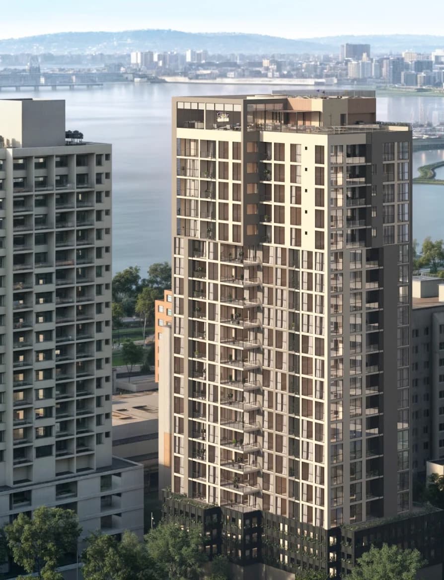 Moderna 360 Urban Living tower facade with the bay behind, Marbella, Panama City