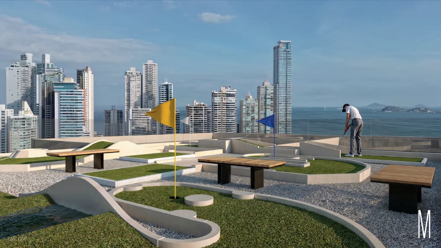 Moderna 360 rooftop putting green overlooking the skyline