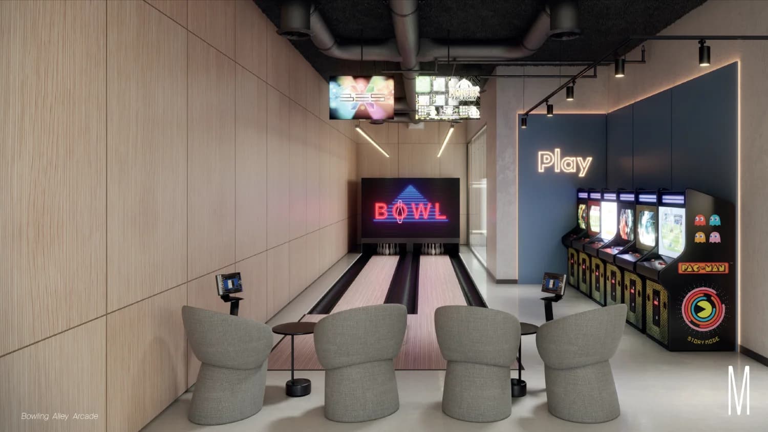 Moderna 360 game room with bowling lane and arcade