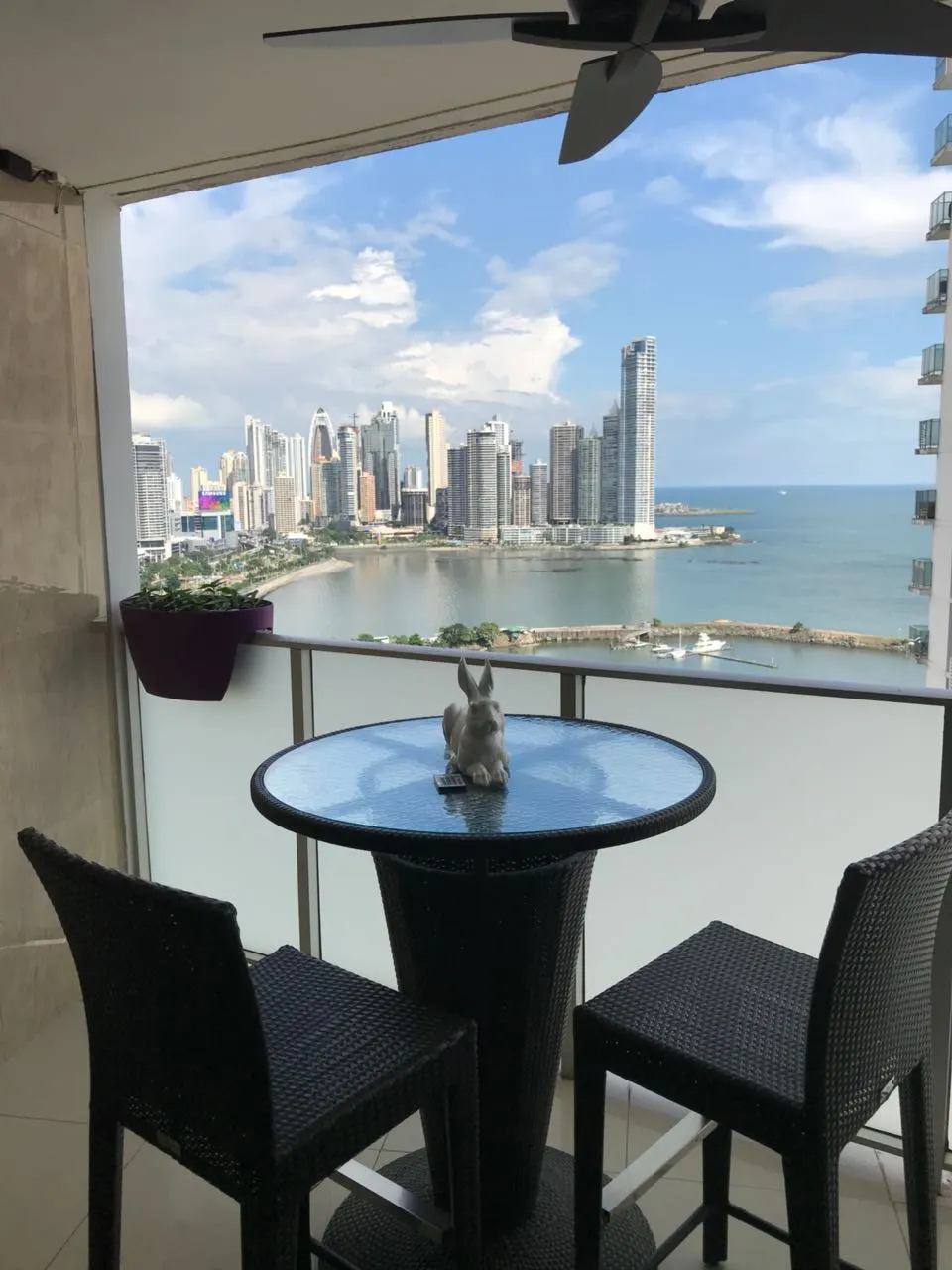Balcony of a Marina Terrace apartment with a view of the Bay of Panama and the Punta Paitilla towers