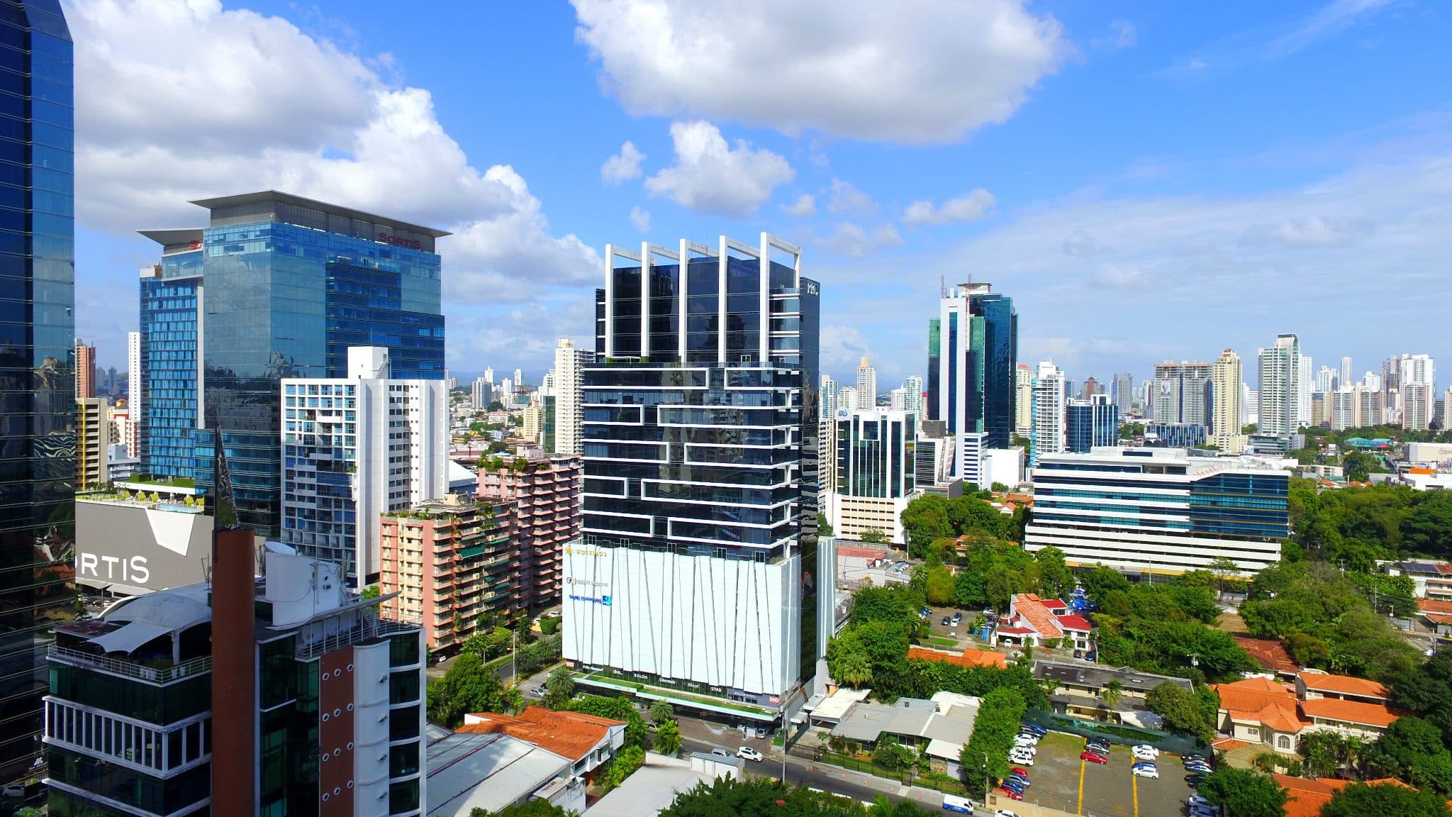 Aerial view of PDC Panama Design Center among the Obarrio skyline, Panama City