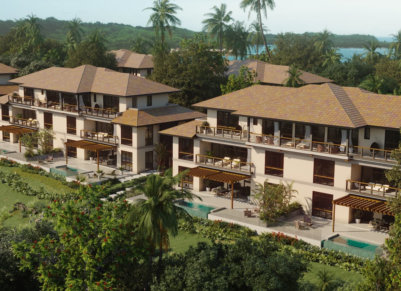 La Peninsula Club Residences buildings among palms on Pearl Island