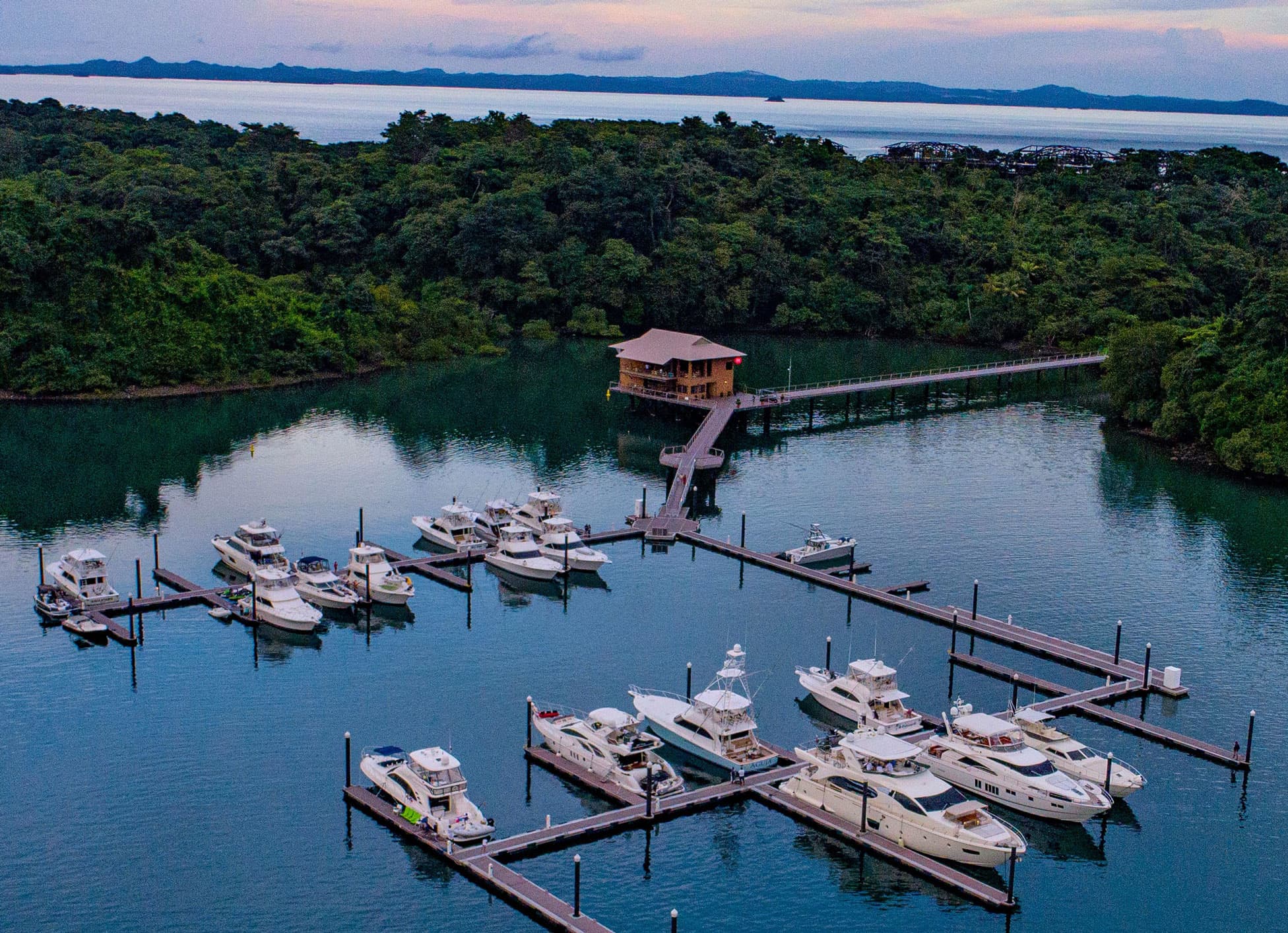Aerial view of the La Peninsula Marina next to the Club Residences on Pearl Island