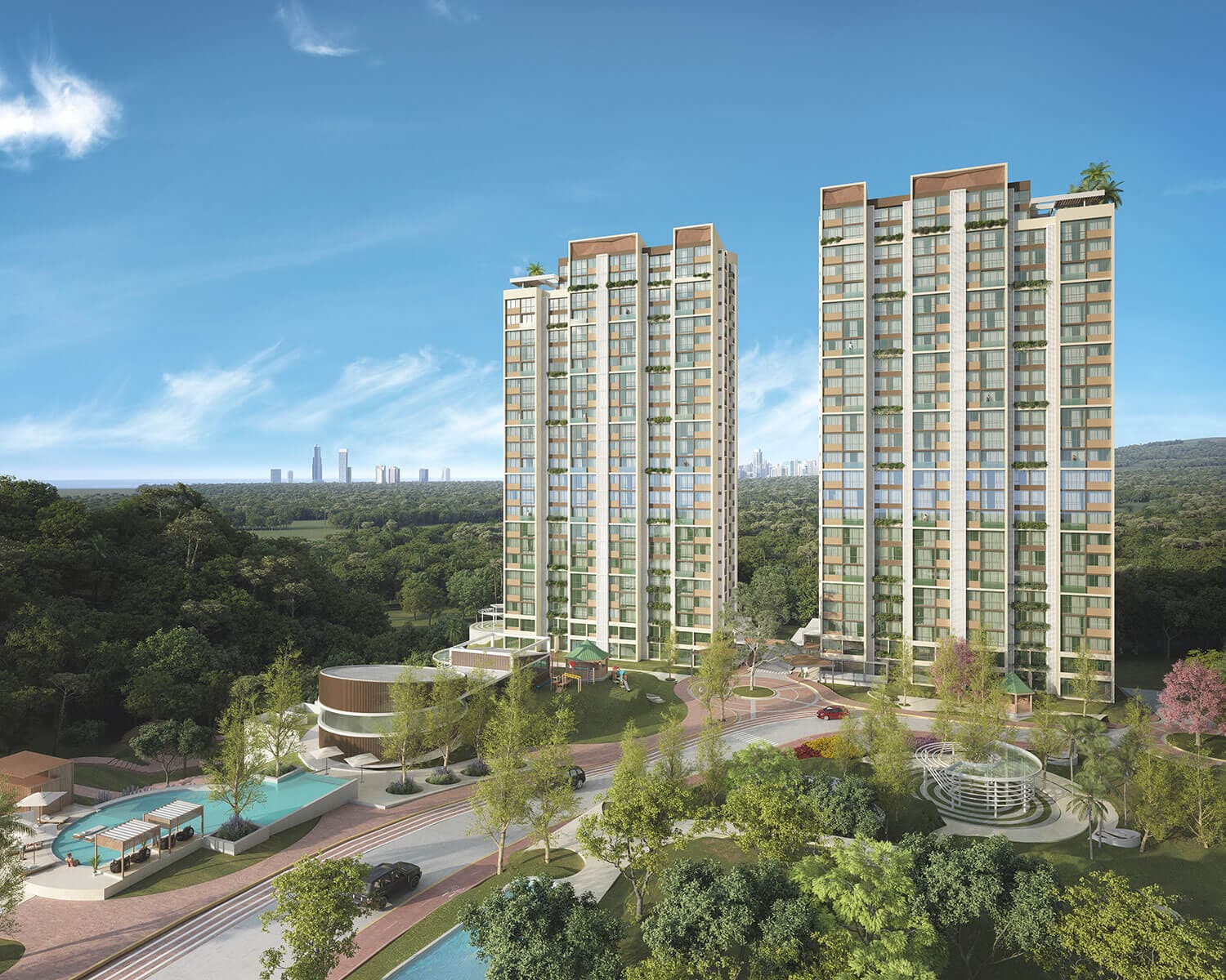 Panorama 360 twin residential towers rising above the forest in Green City