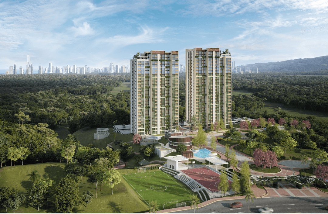 Panorama 360 aerial view of the towers, gardens and amenities with the Panama City skyline behind