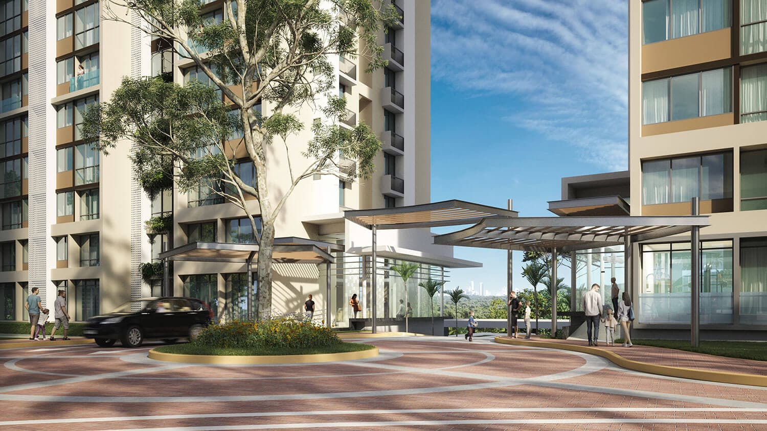 Panorama 360 porte-cochere and entrance plaza between the towers