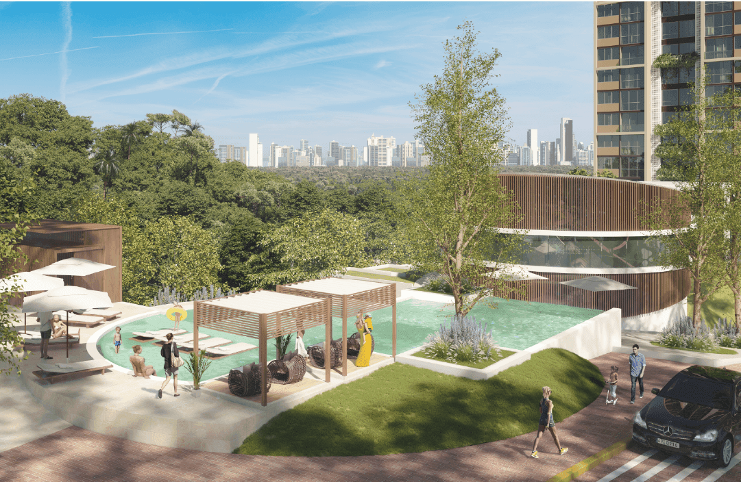 Panorama 360 swimming pool with pergolas and landscaped deck