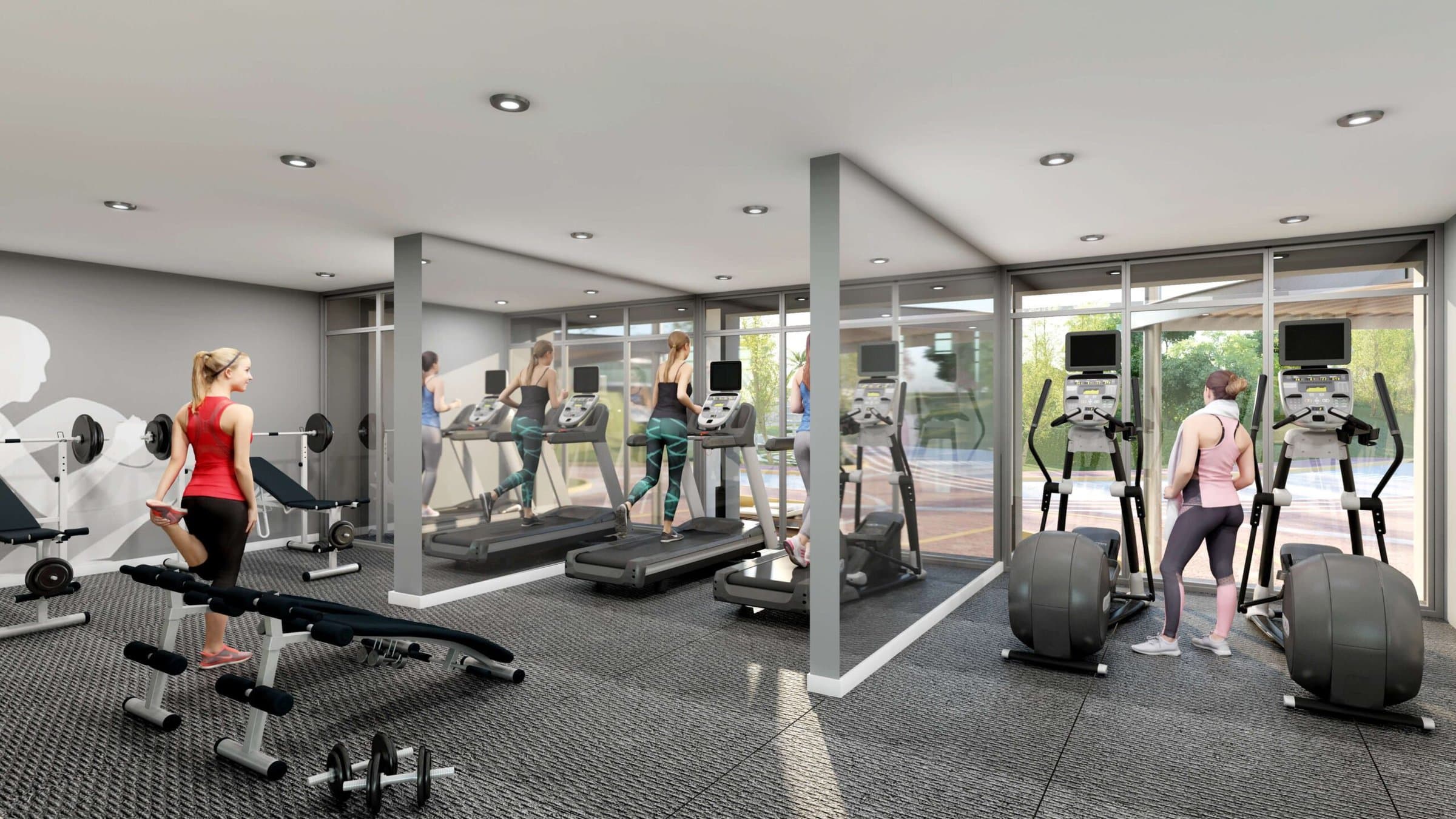 Panorama 360 fitness center with treadmills and weights