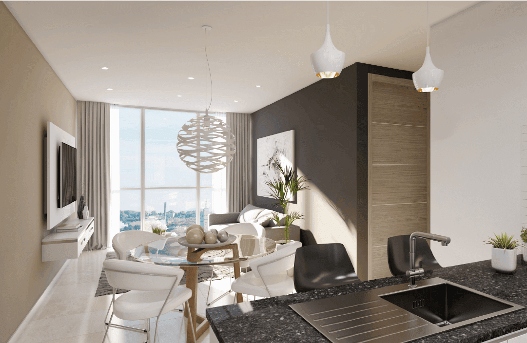 Panorama 360 apartment living room and open kitchen with city view