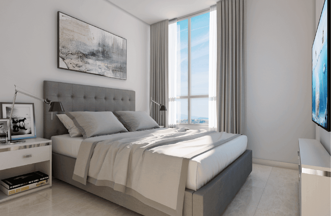 Panorama 360 apartment bedroom with floor-to-ceiling window