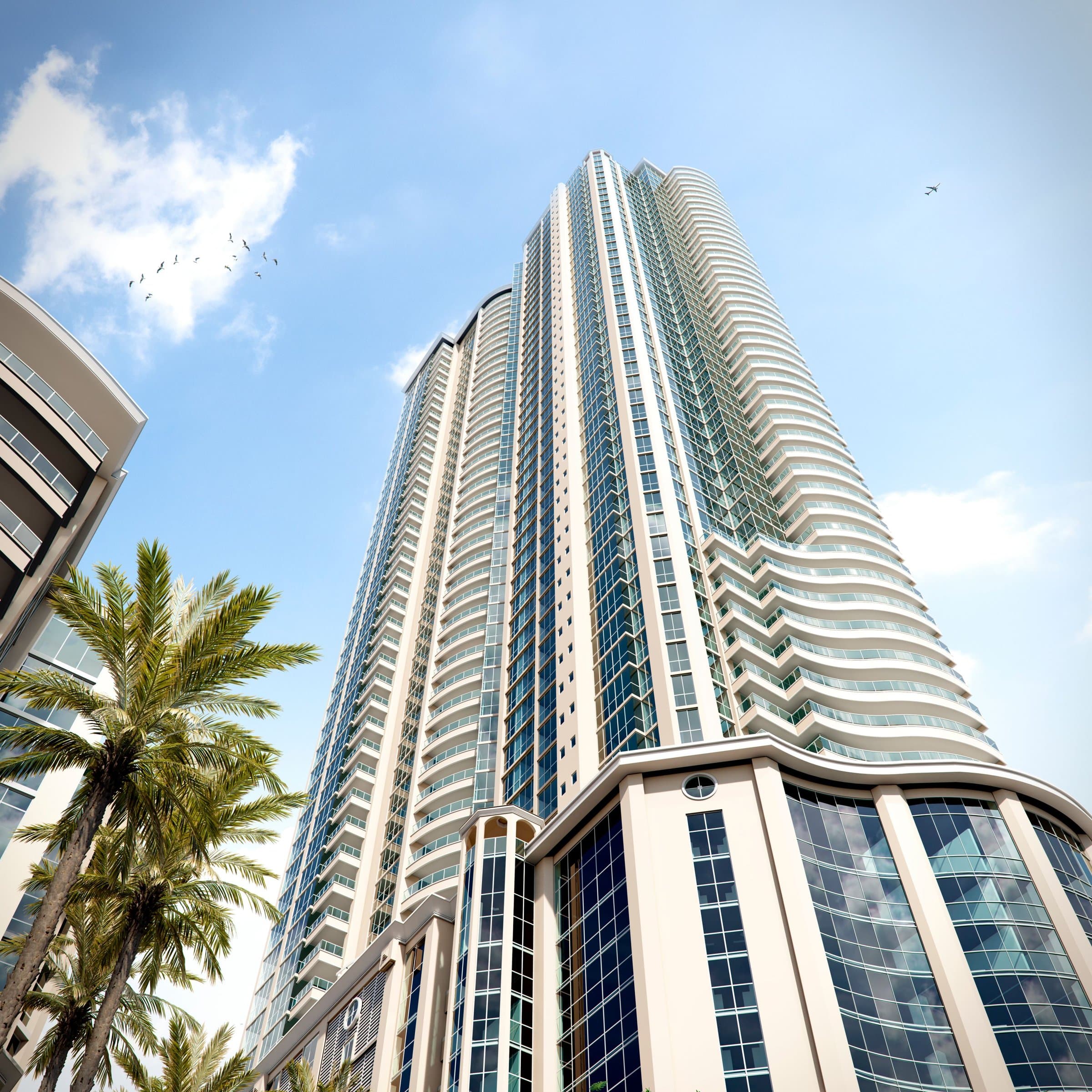 Pacific Point Torre 400 tower rising above palm trees in Punta Pacifica