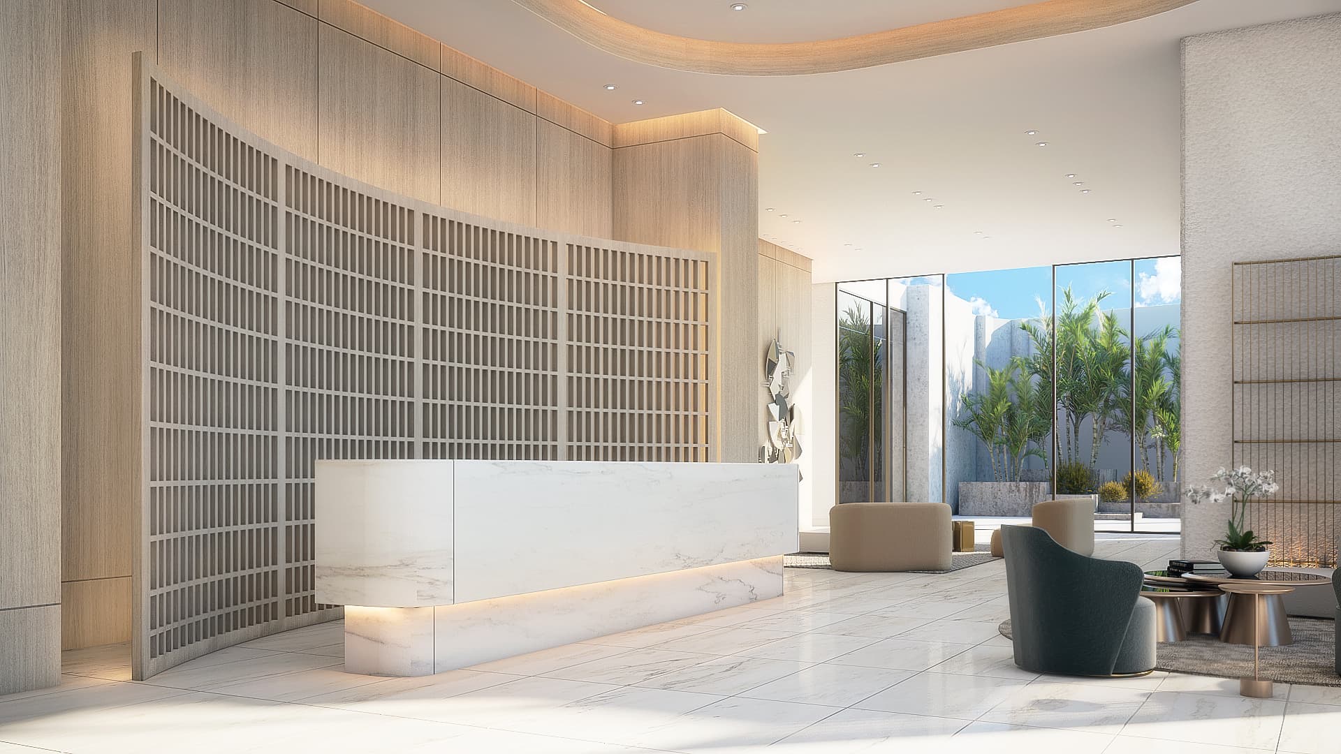 Lobby with marble reception desk and lounge at Pacific Point Torre 400