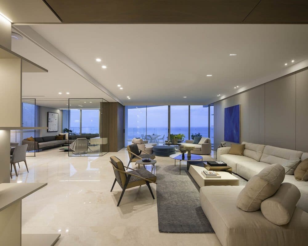 Open living room with ocean views in a Pacific Point Torre 400 residence