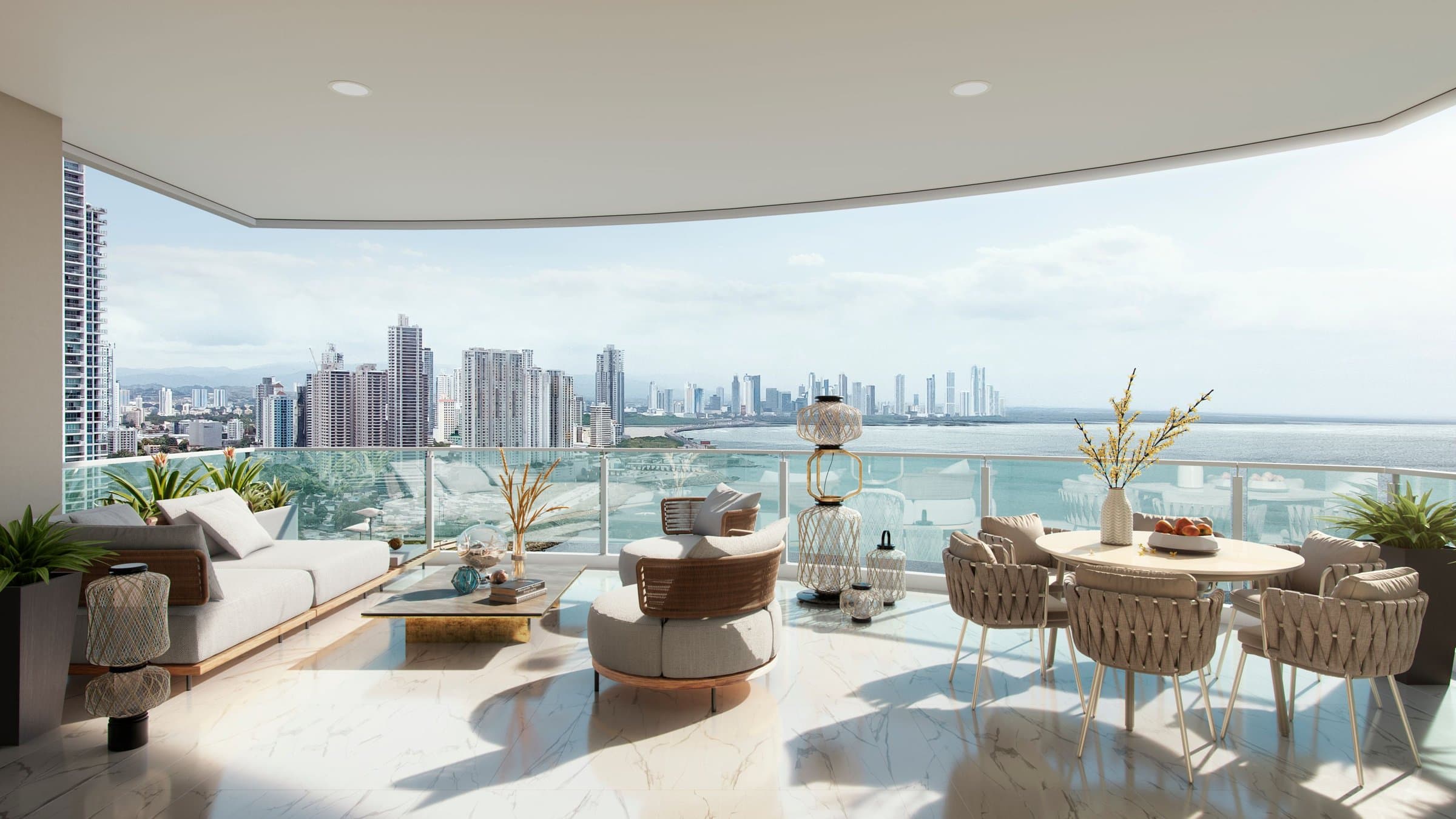 Curved balcony living area overlooking the bay at Pacific Point Torre 400