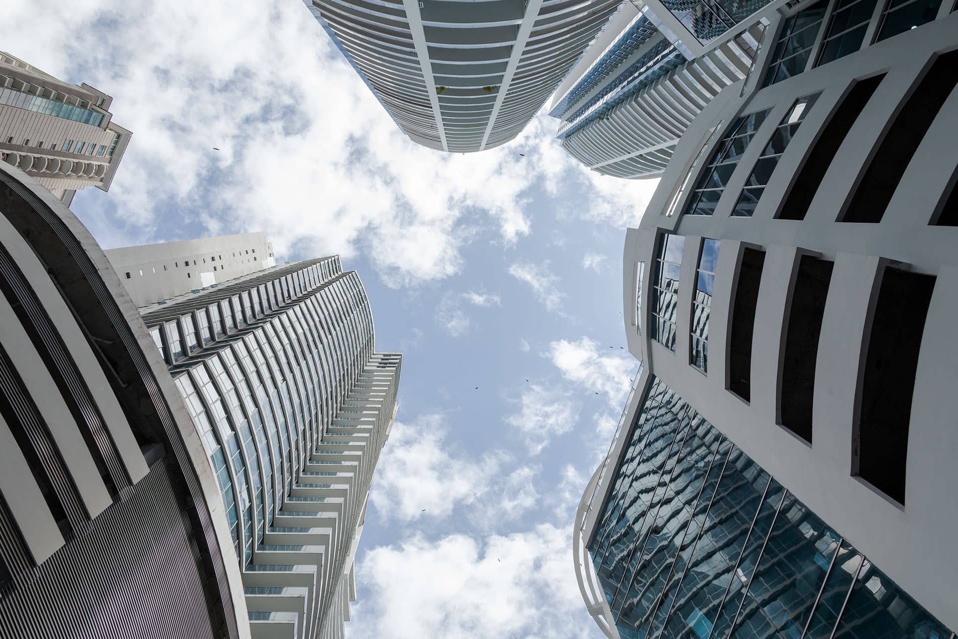 Pacific Village towers framing the sky from the private courtyard