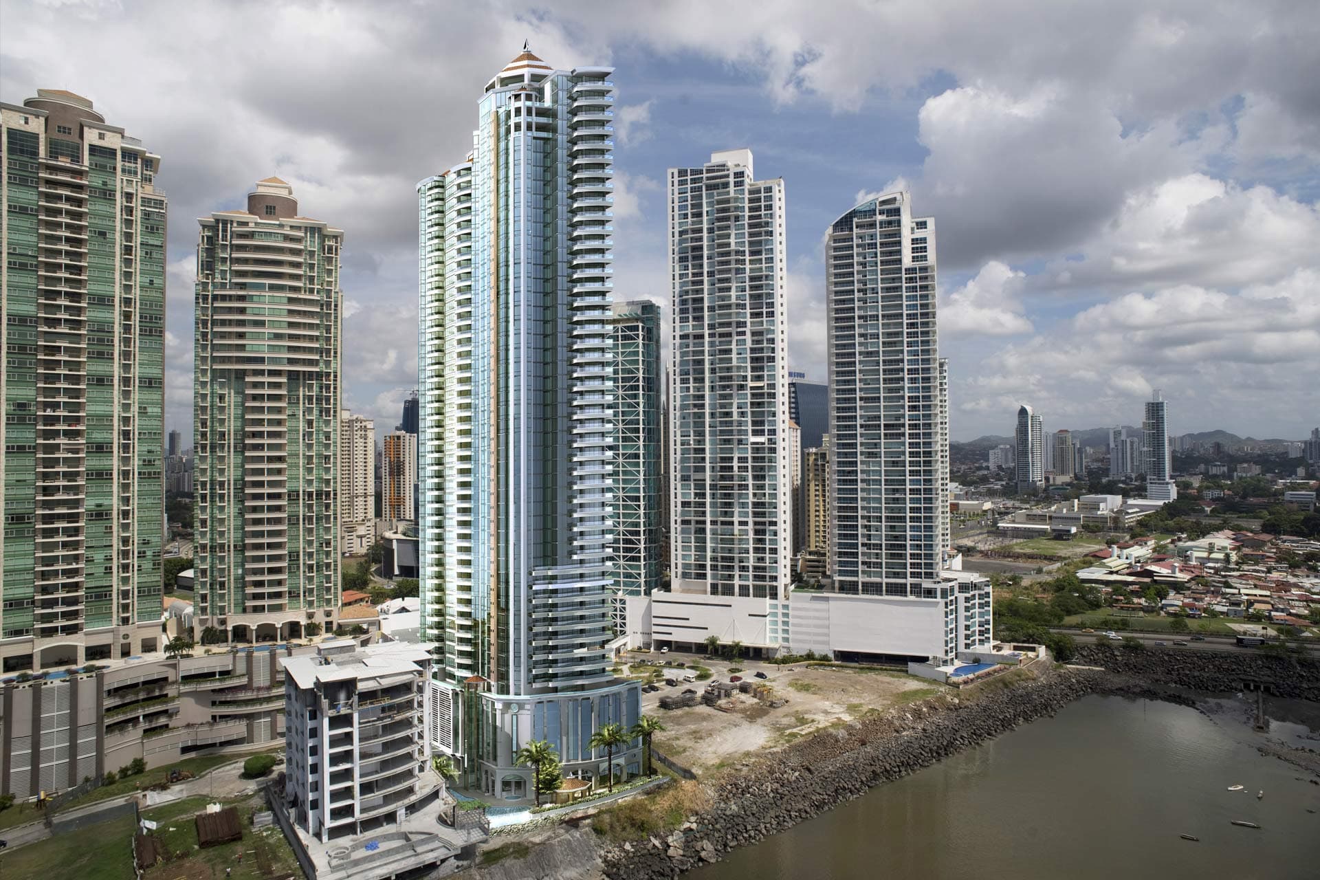 Pacific Point towers lining the Punta Pacifica waterfront with the city behind