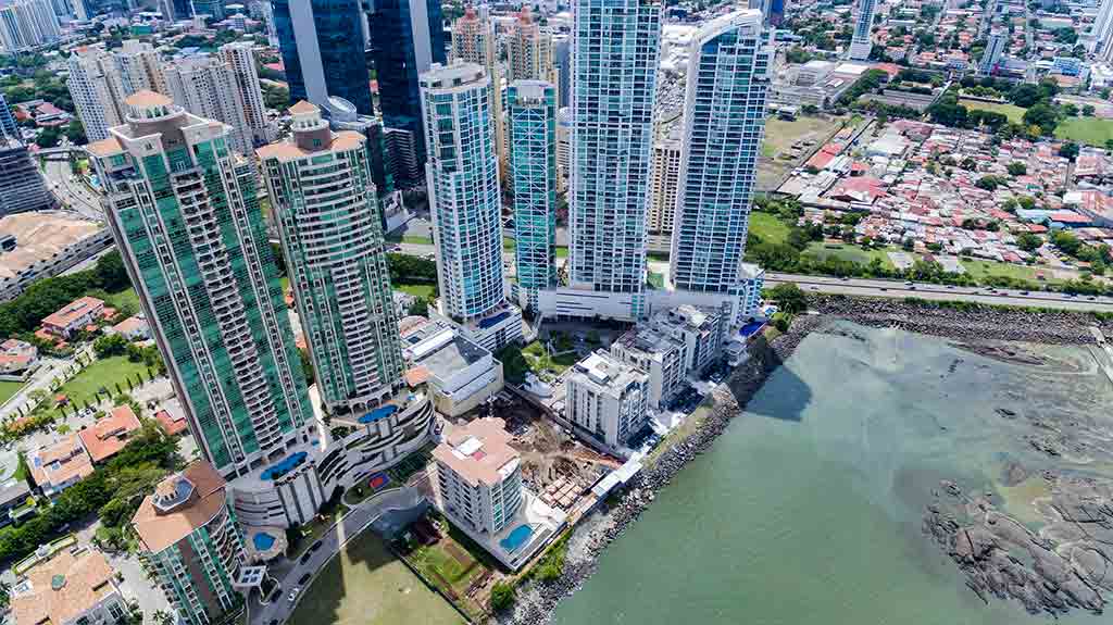 Aerial view of the Pacific Point towers on the Punta Pacifica shoreline