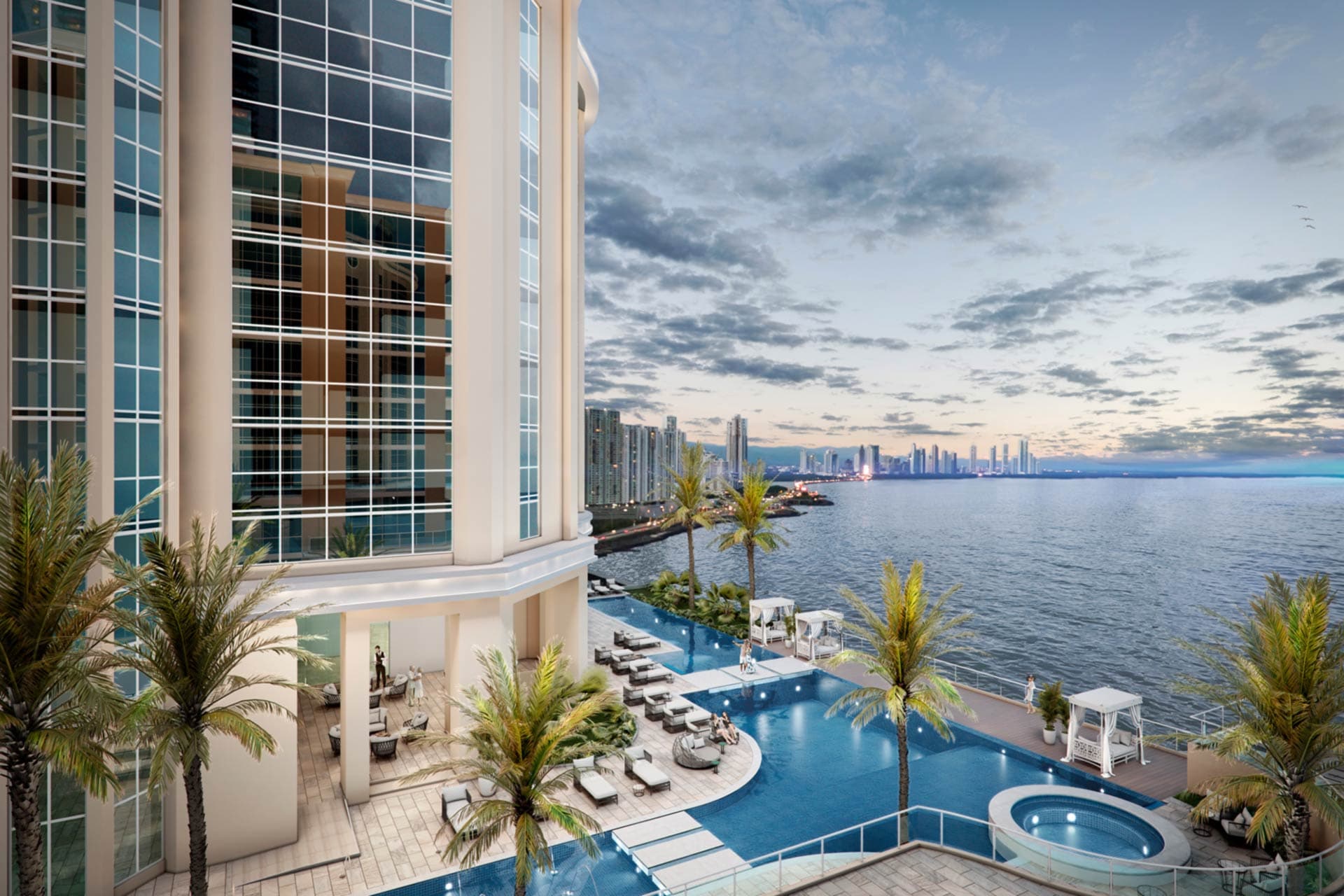 Oceanfront pool with jacuzzi and palms at Pacific Point
