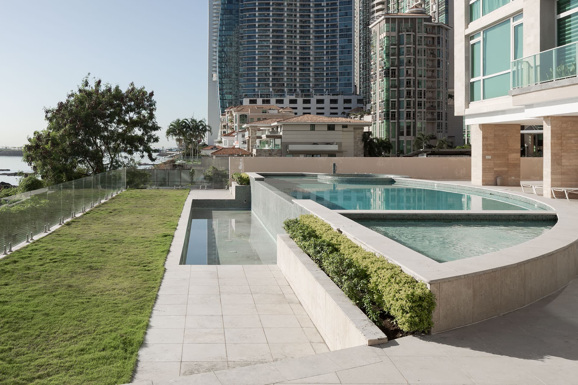 Garden reflecting pool with bay views at Pacific Point