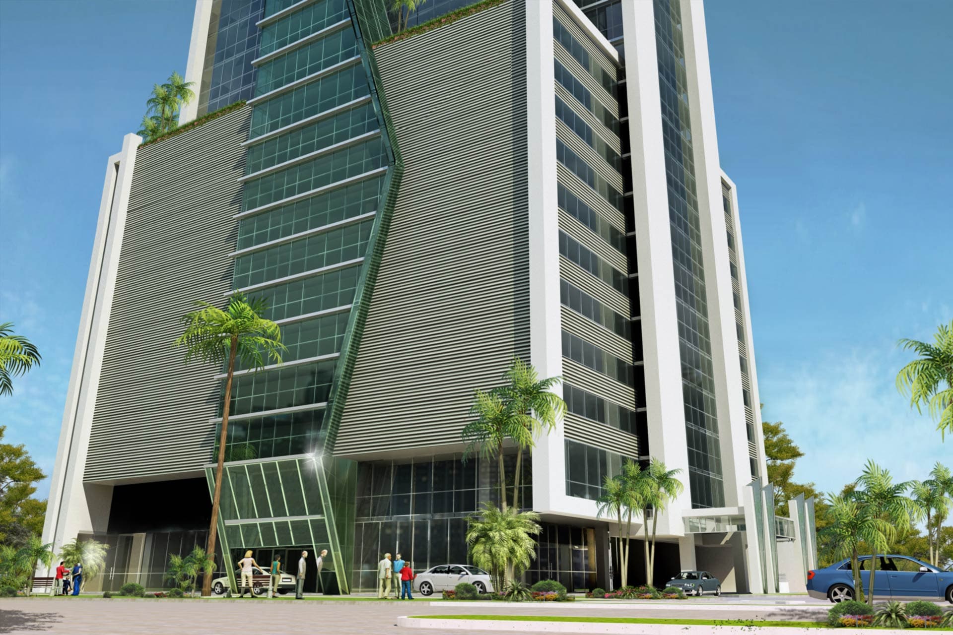 Rendering of the Fortune Plaza tower entrance with its angled green glass facade