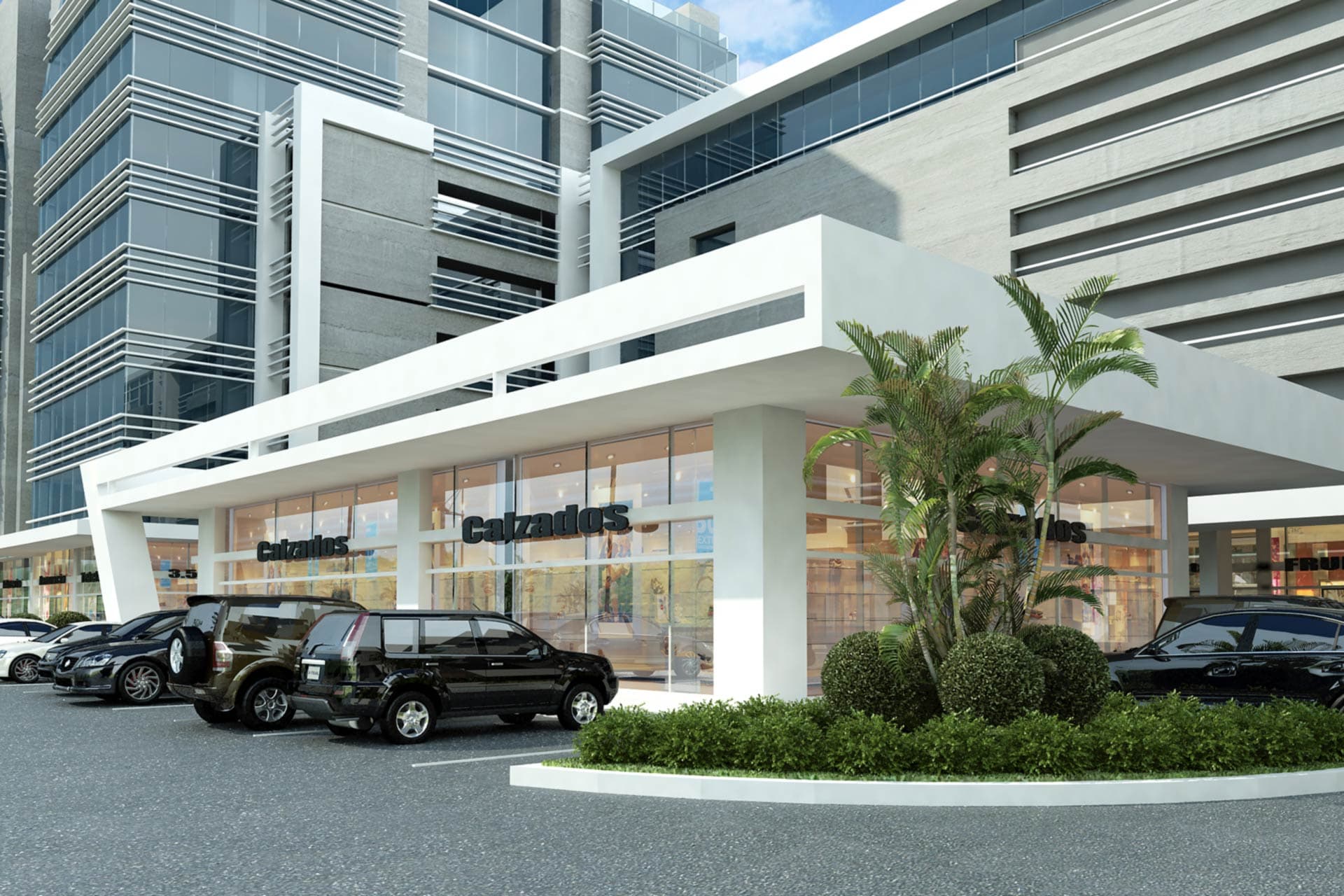Rendering of the landscaped retail entrance and parking at Condado Business Center