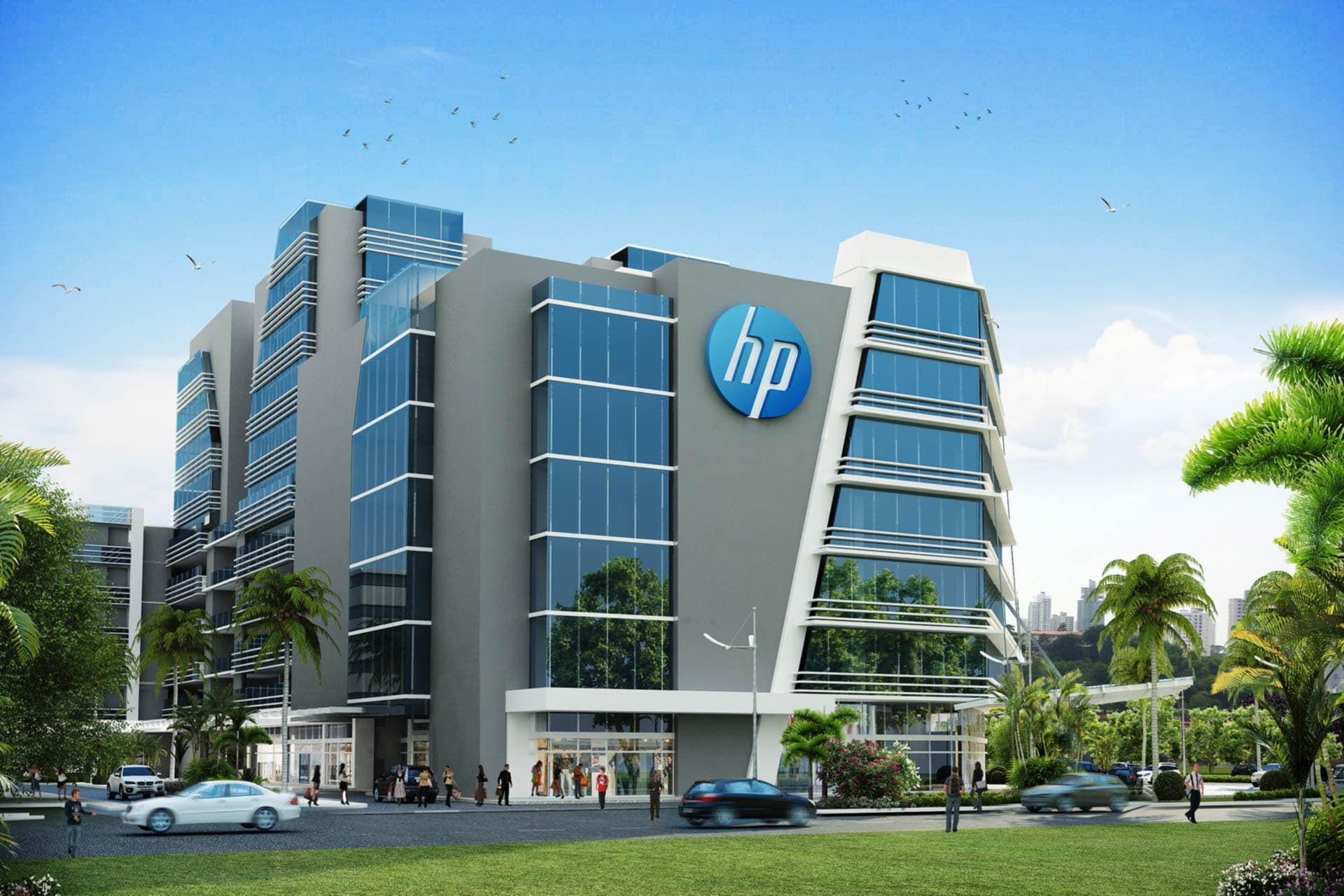 Rendering of the Condado Business Center office building with tenant signage