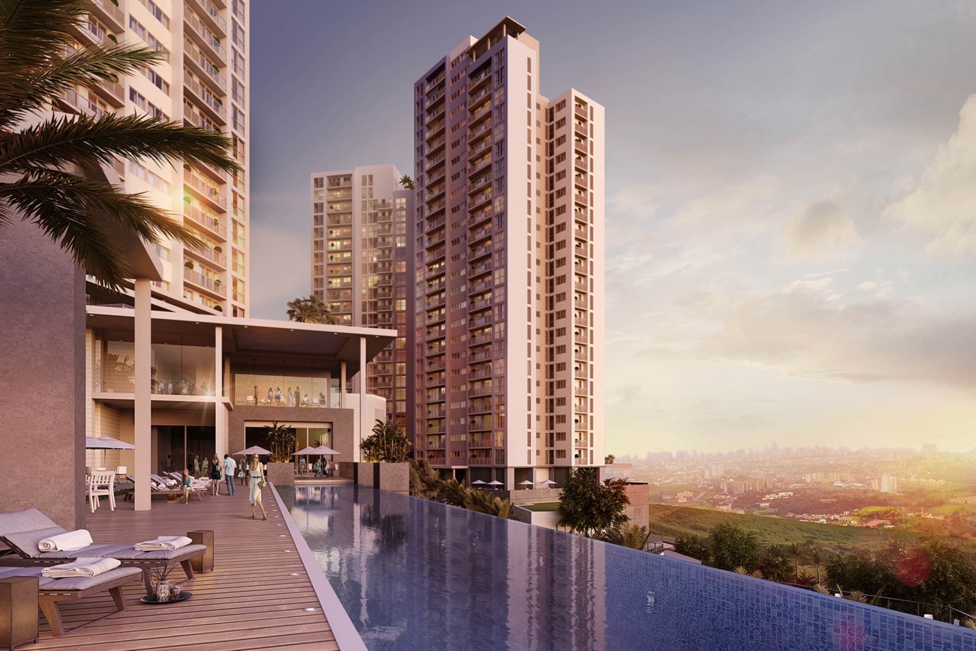 Rendering of Condado Point residential towers beside an infinity pool deck at sunset