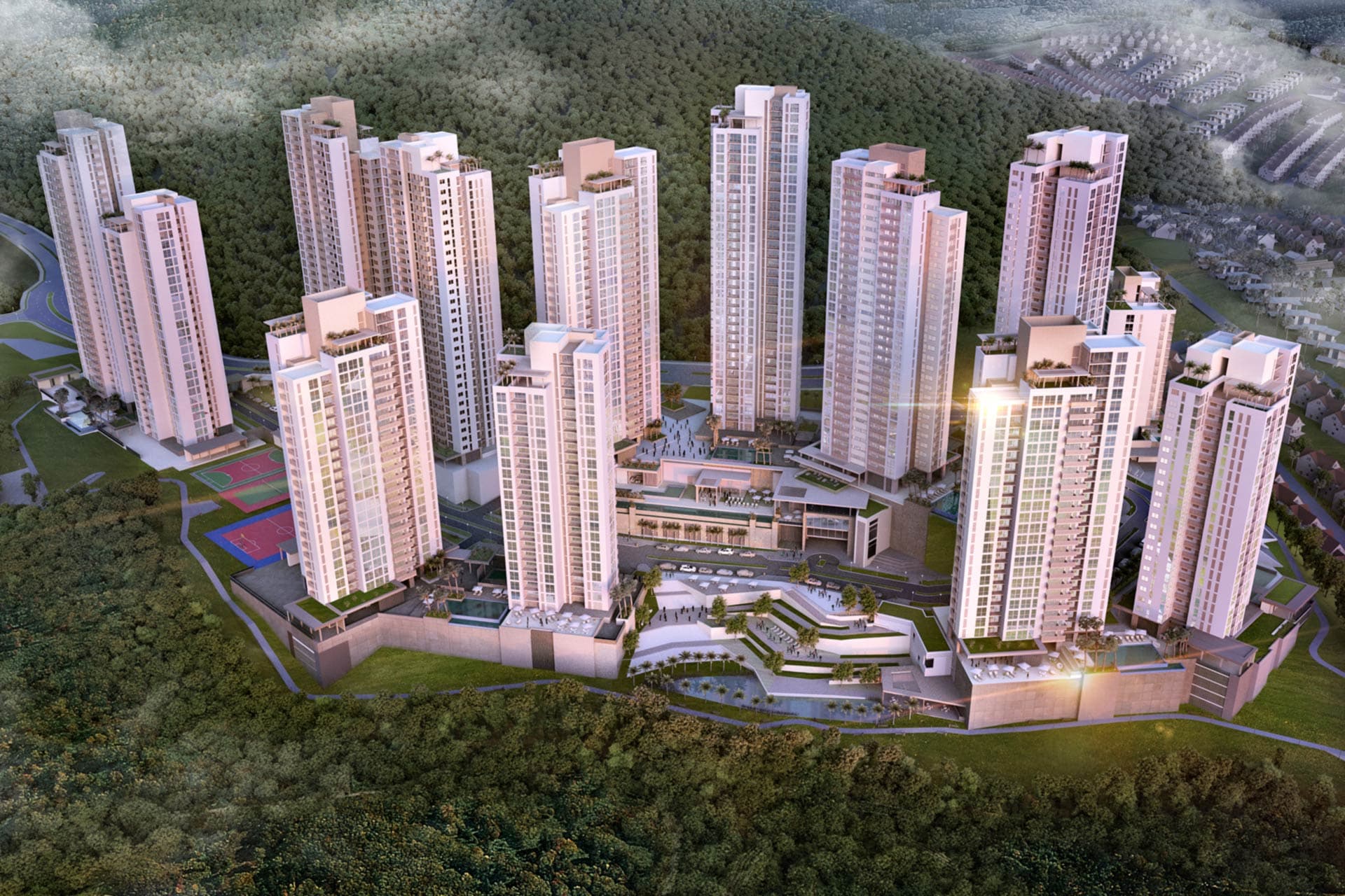 Aerial rendering of the Condado Point master plan with its towers on the hills of Condado del Rey