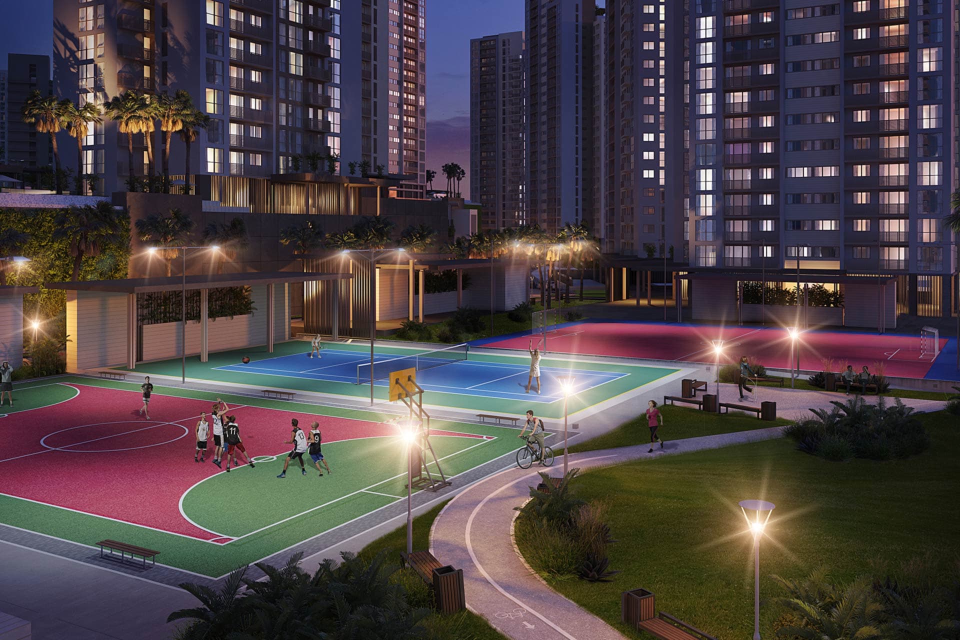 Rendering of the illuminated sports courts and jogging path at Condado Point at night