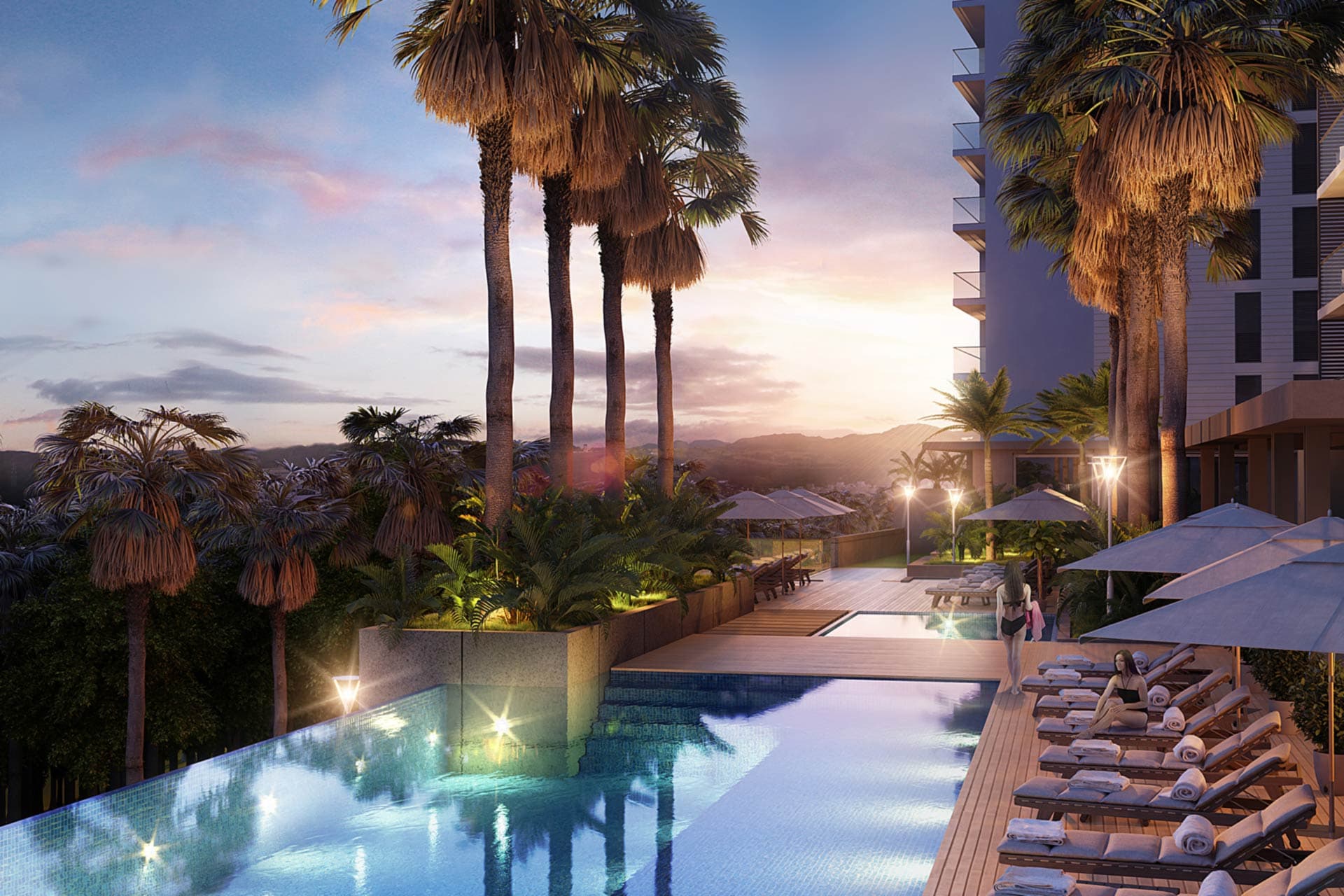 Rendering of the palm-lined infinity pool at Condado Point at dusk