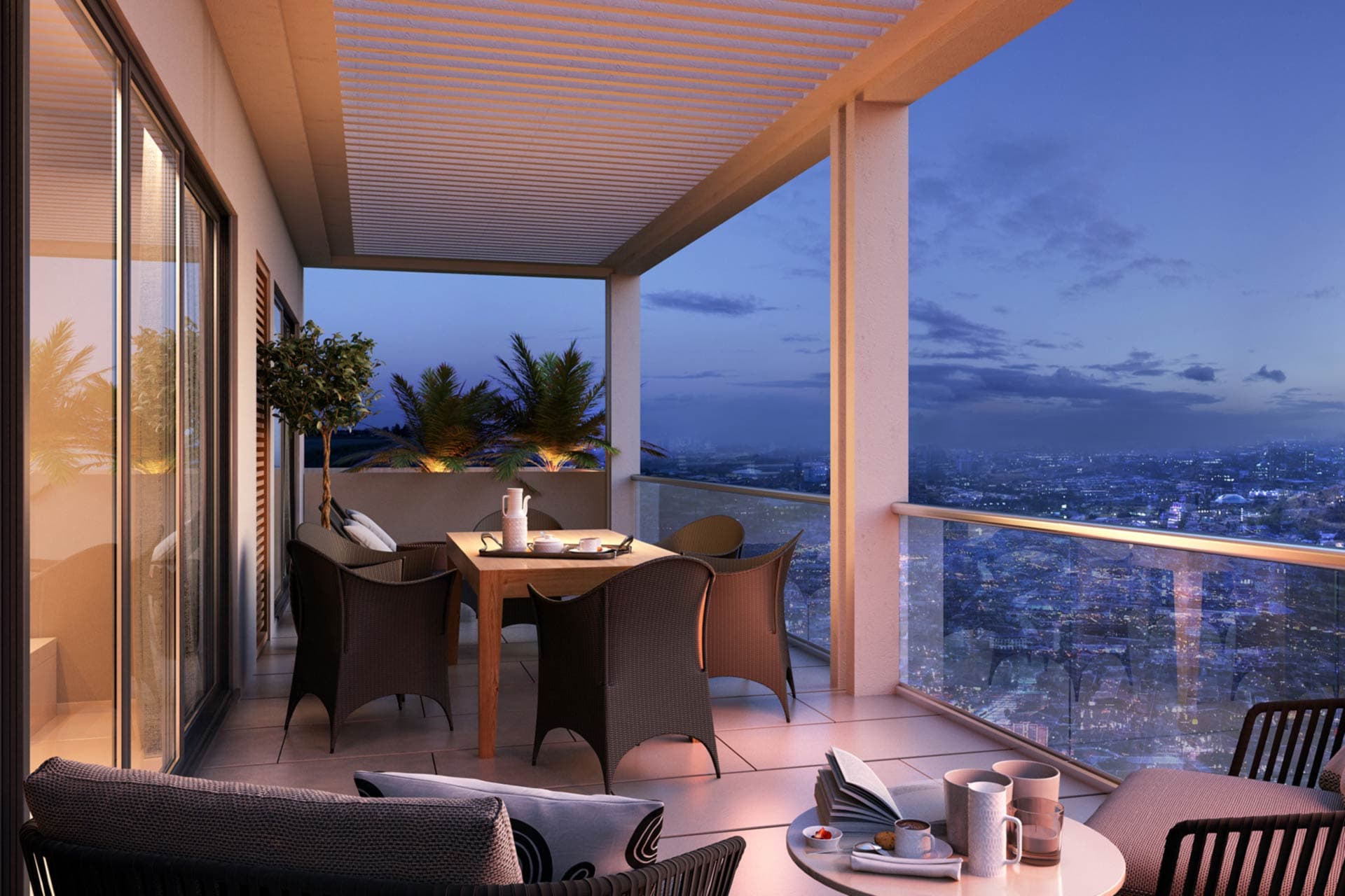 Rendering of a furnished balcony with city views at dusk in a Condado Point apartment