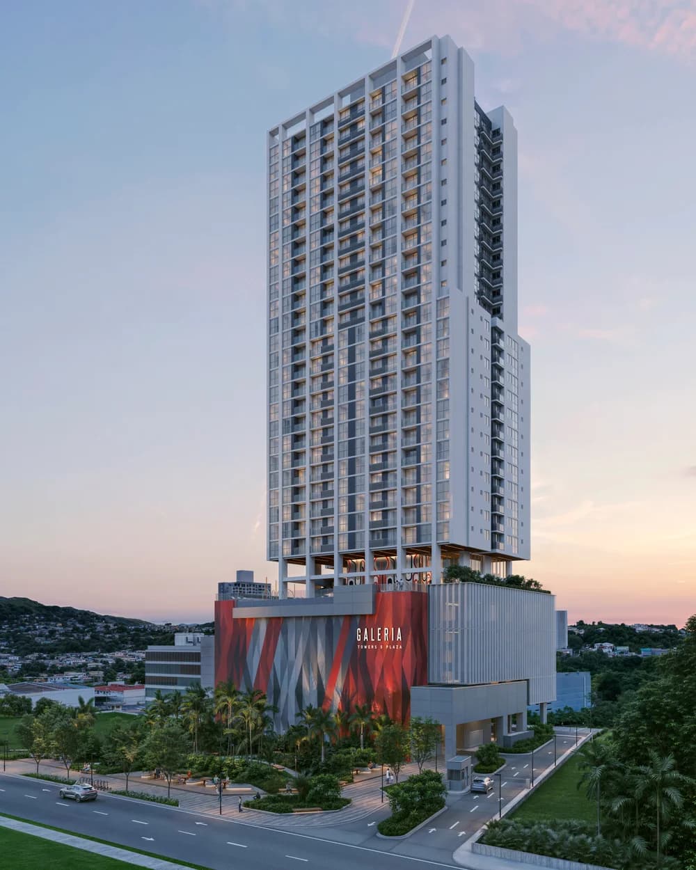 Galería Towers residential tower rising above its red art-clad retail podium on Vía Ricardo J. Alfaro